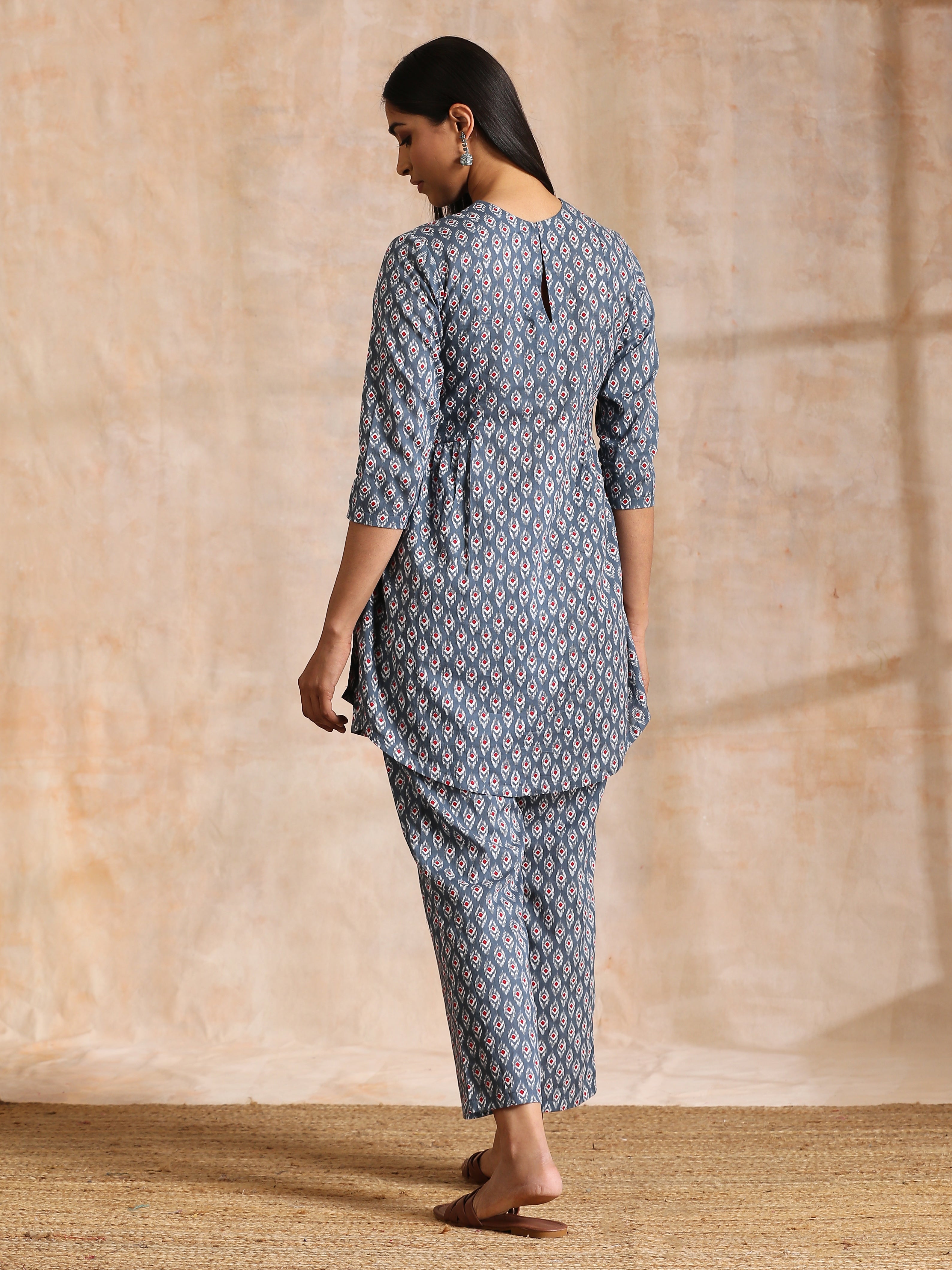 Steel Grey Ikat Print Cotton Gathers Co-Ord Set