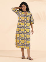 trueBrowns Yellow Cotton Ikat Slit Dress