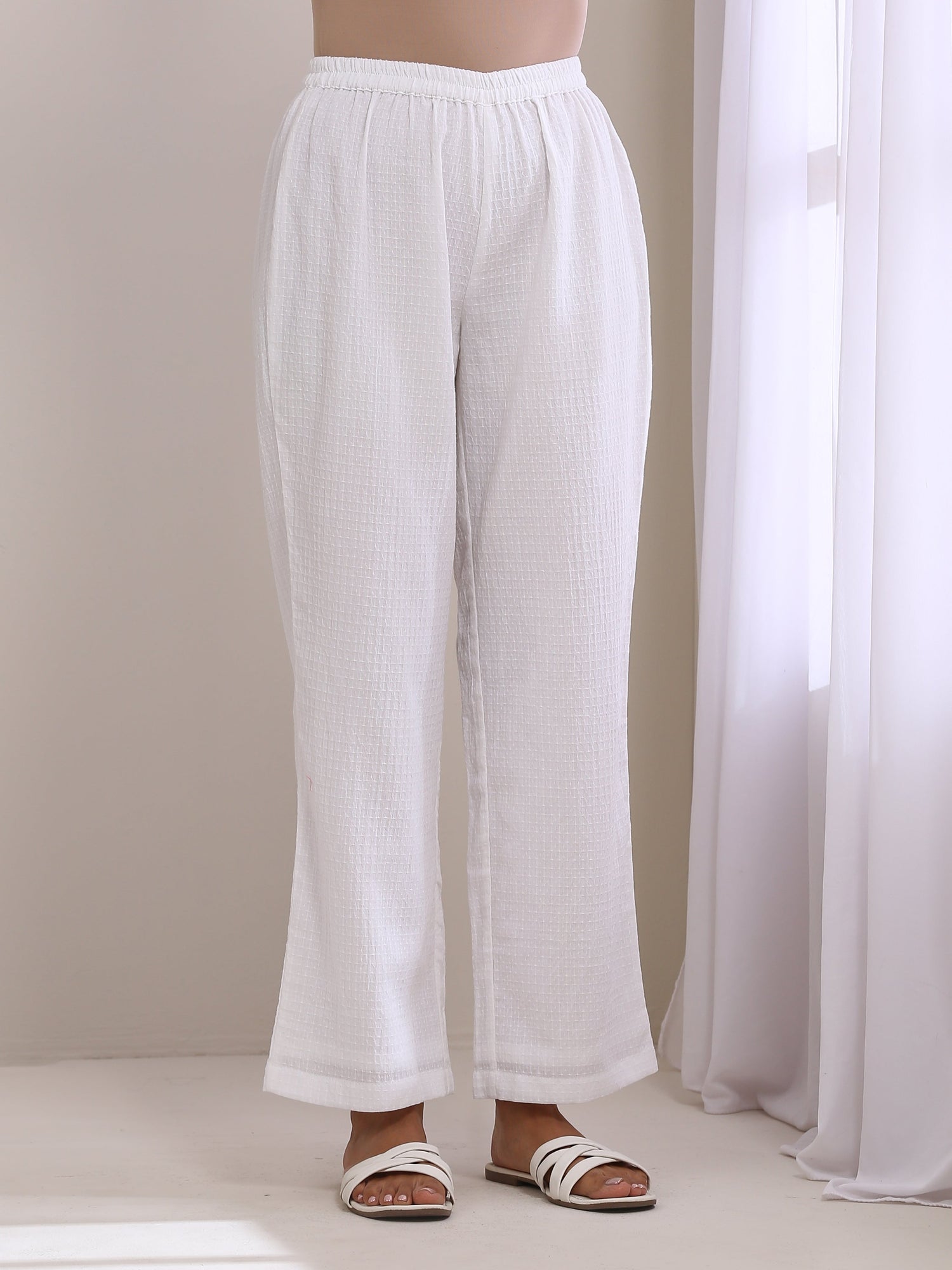 White Dobby Neck Pleat Kurta Pant Set