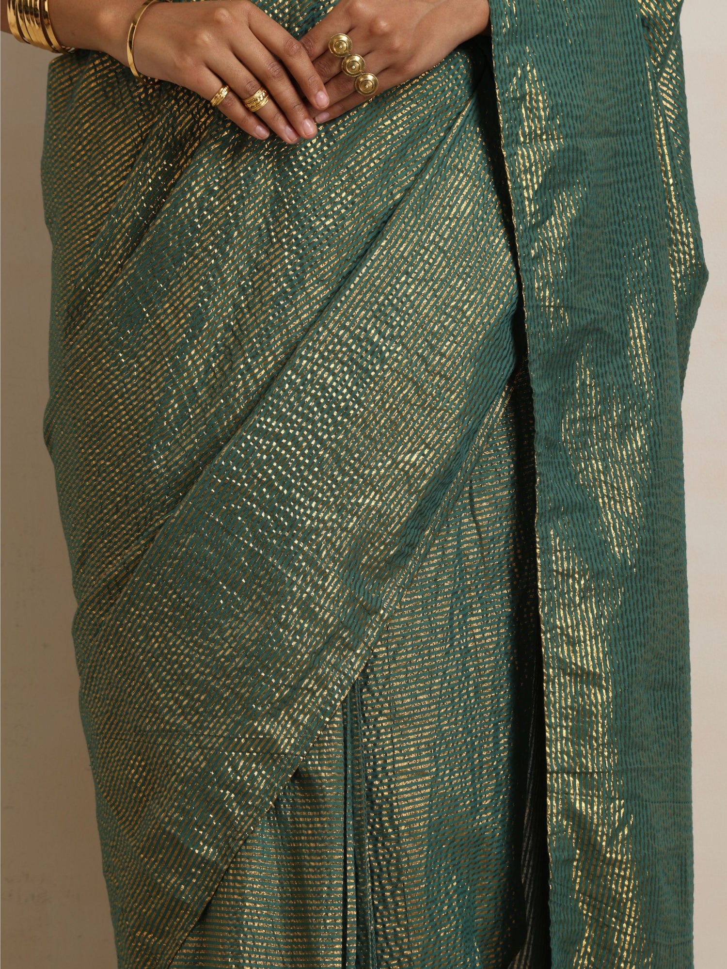 trueBrowns Dark Green Gold Lurex Ready To Wear Saree