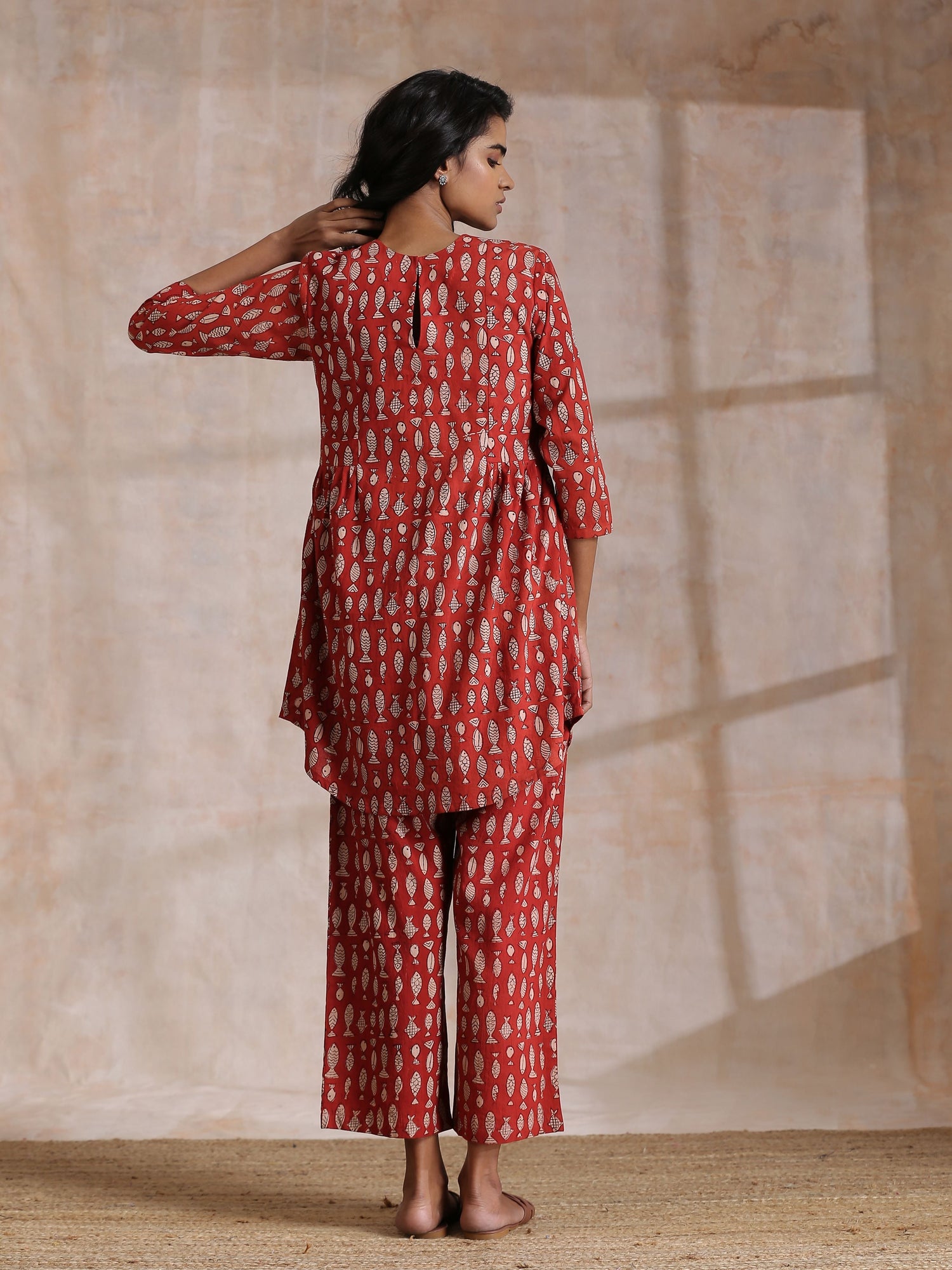 Rust Red Bagru Fish Print Cotton Gathers Co-Ord Set