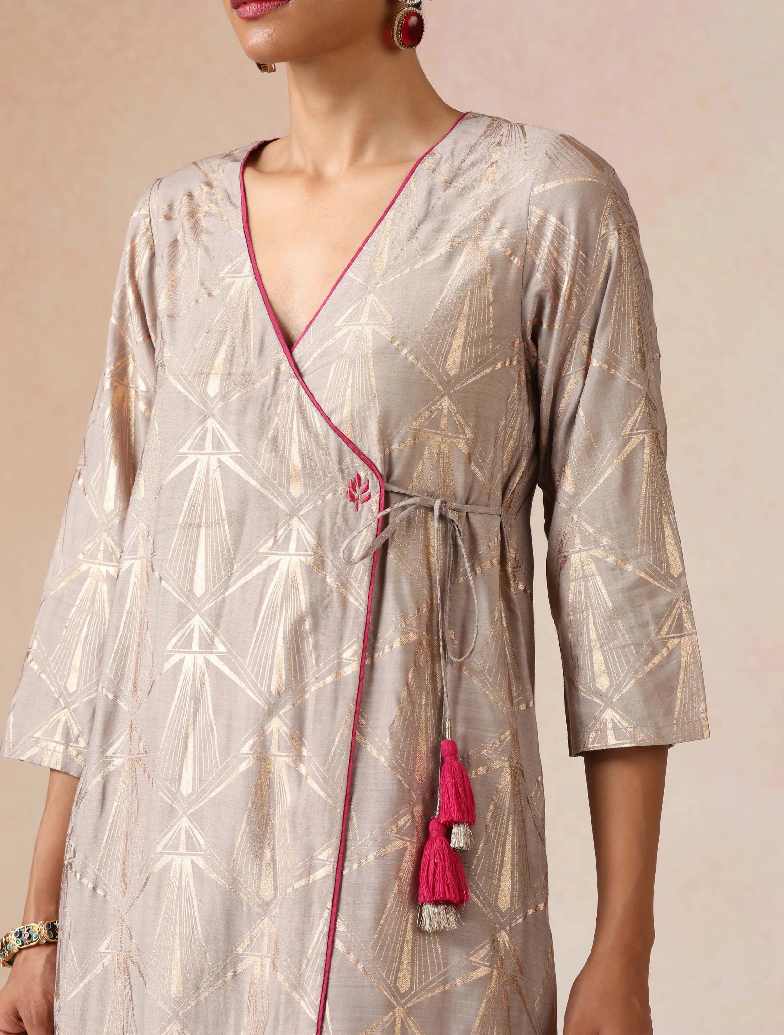 trueBrowns Grey Rose-Gold Foil Print Angrakha Kurta Set