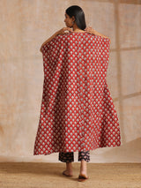 Rust Red Bagru Floral Print Cotton Panel Kaftan Kurta Pant Set