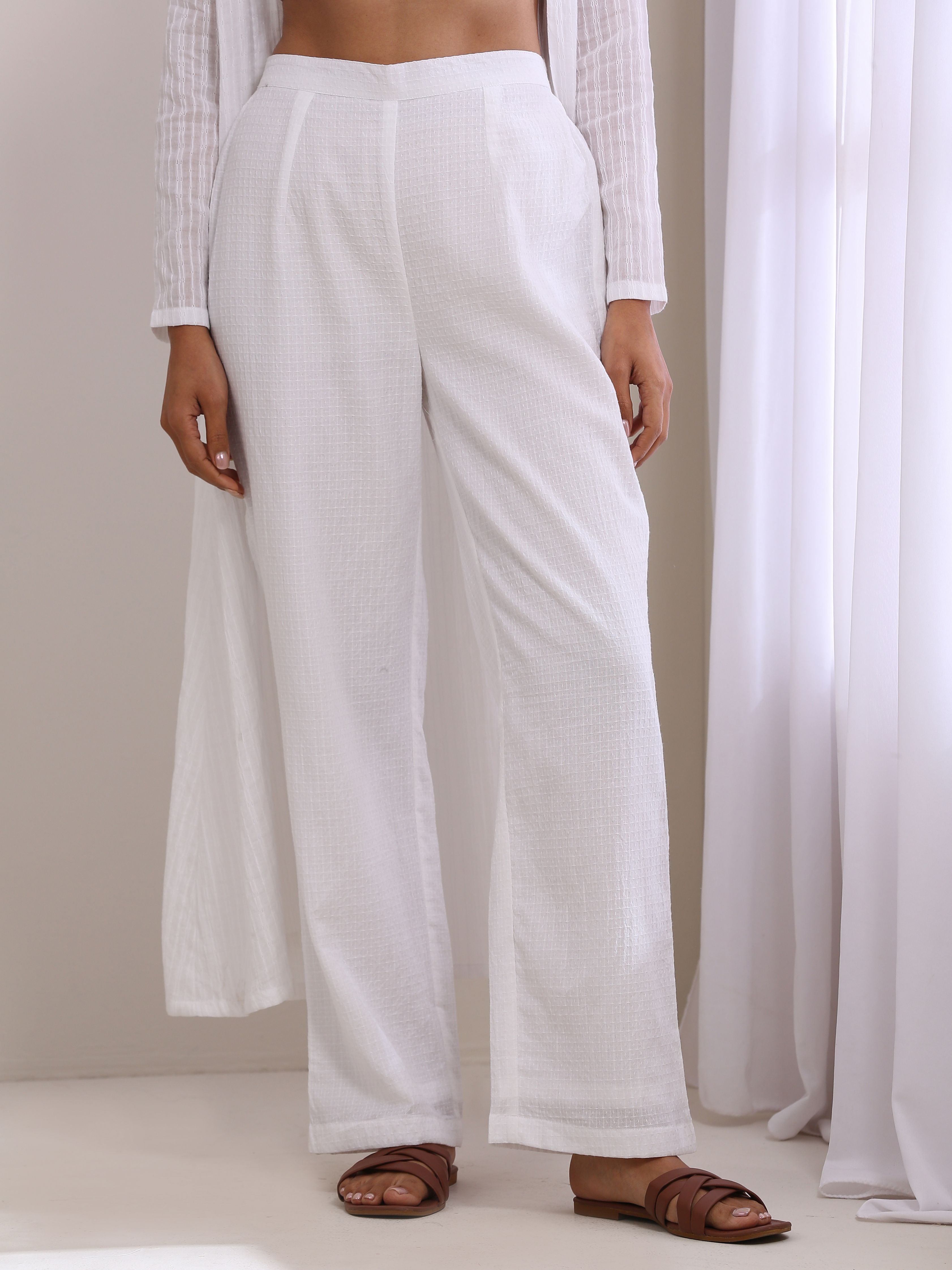 White Dobby Overlay Jacket Blouse Pant Set