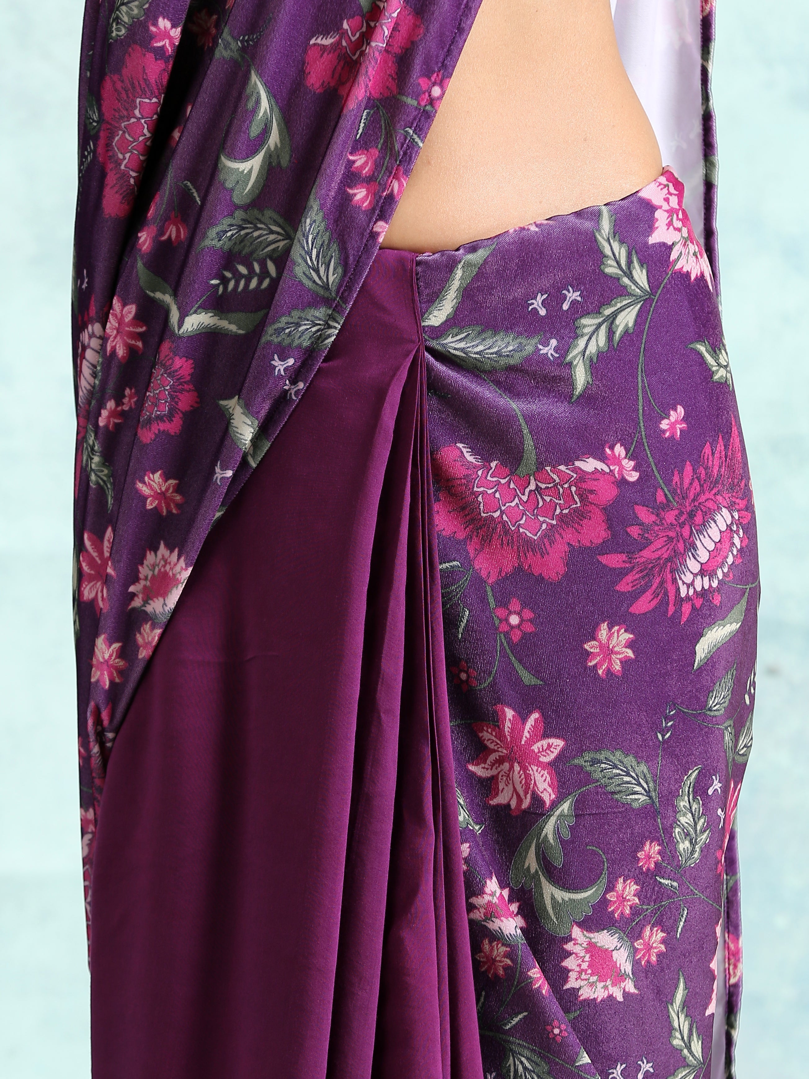 Wine Printed Velvet Pre-Stitched Saree
