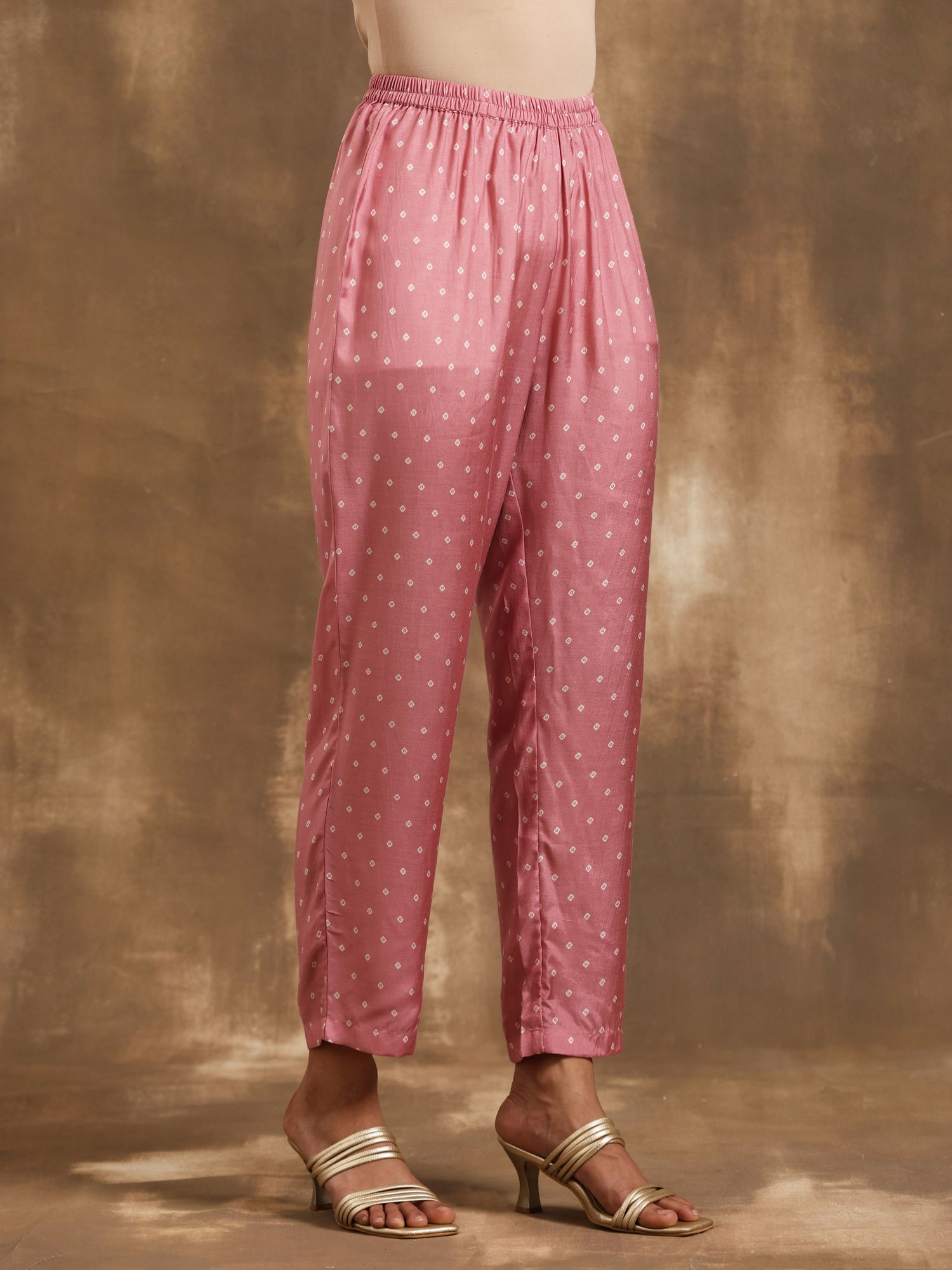 Light Mauve Bandhani Printed Silk Kurta Pant Set