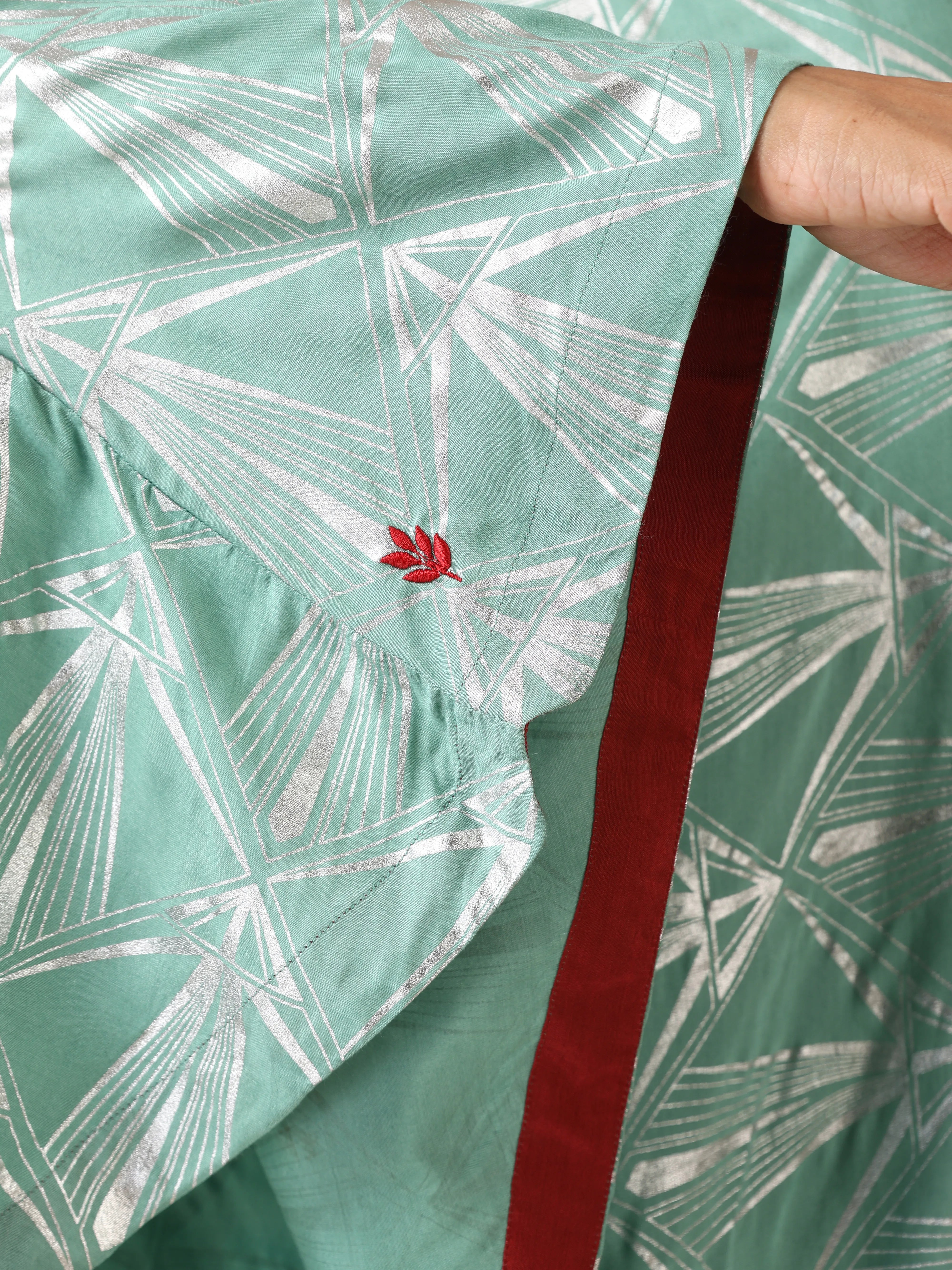 trueBrowns Mint Green Silver Foil Print Muslin Silk Asymmetric One-Shoulder Kurta Co-ord Set