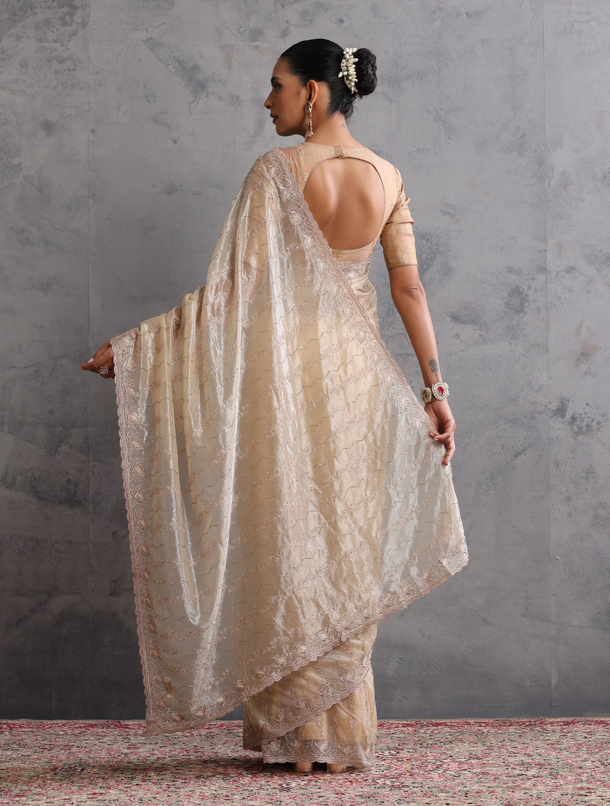 trueBrowns Ivory Gold Sequins Embroidered Net Saree With Unstitched Blouse