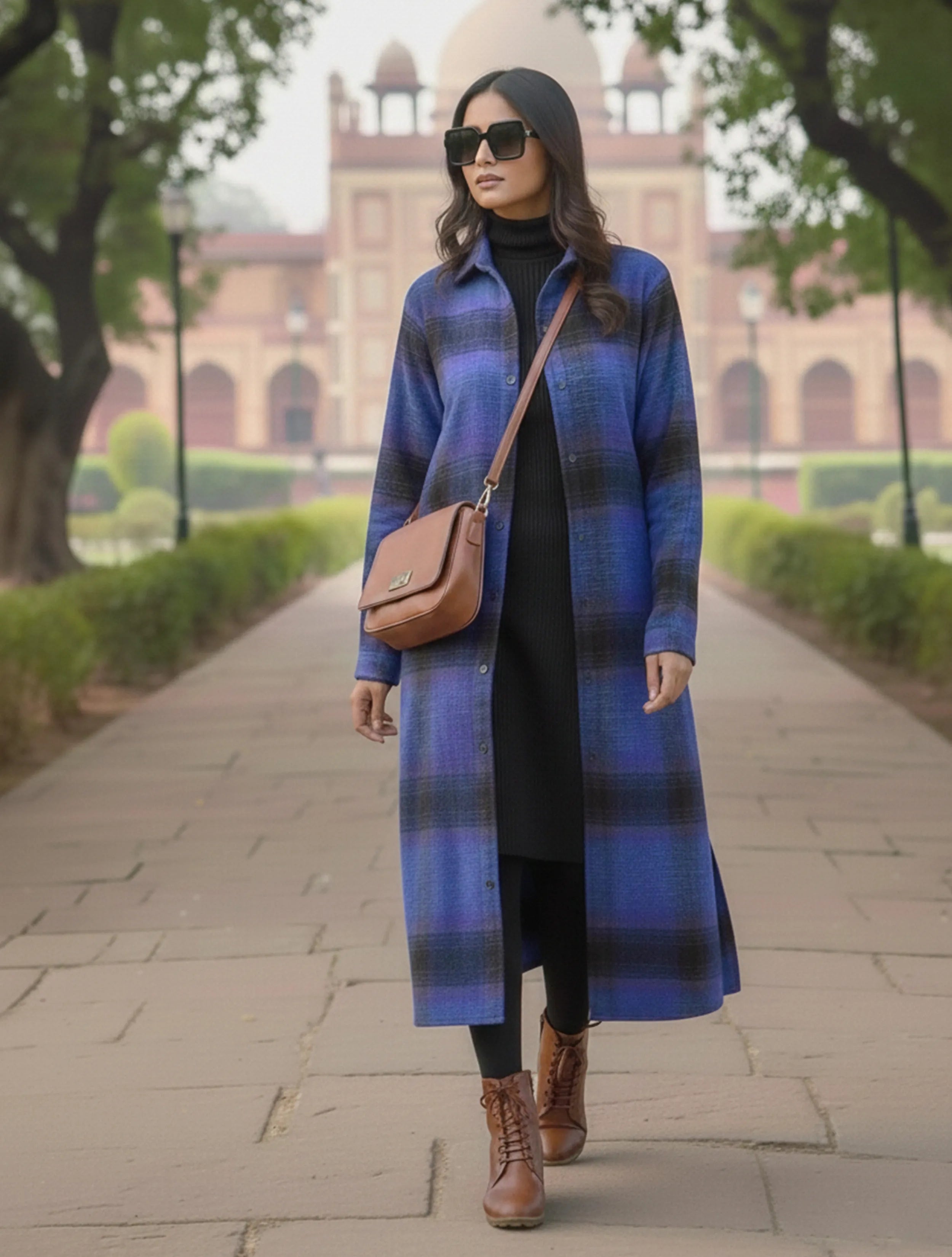 trueBrowns Purple Black Check Woollen Long Shirt Dress
