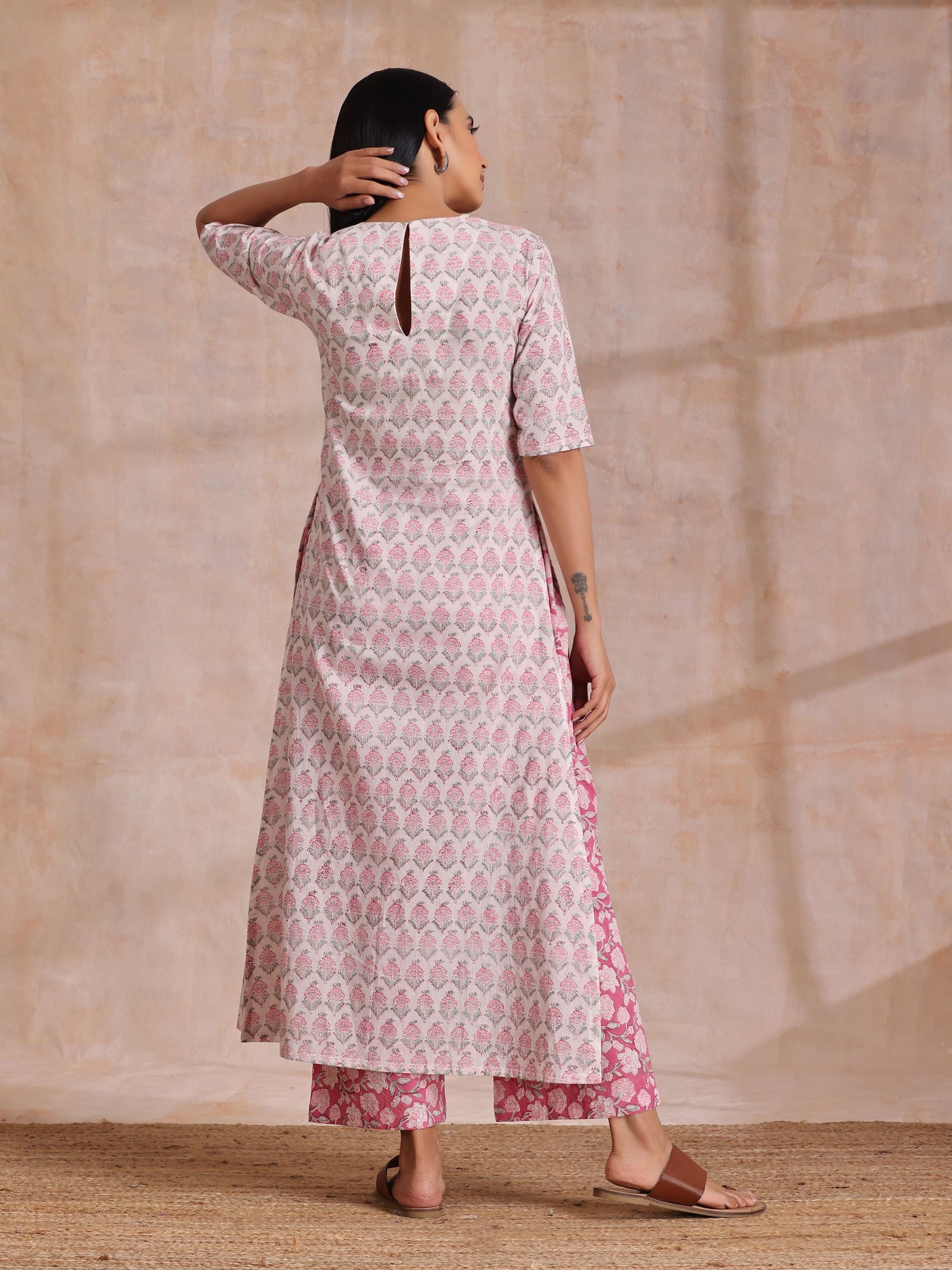 Pink Green Floral On White Block Print Cotton Slit Kurta Pant Set