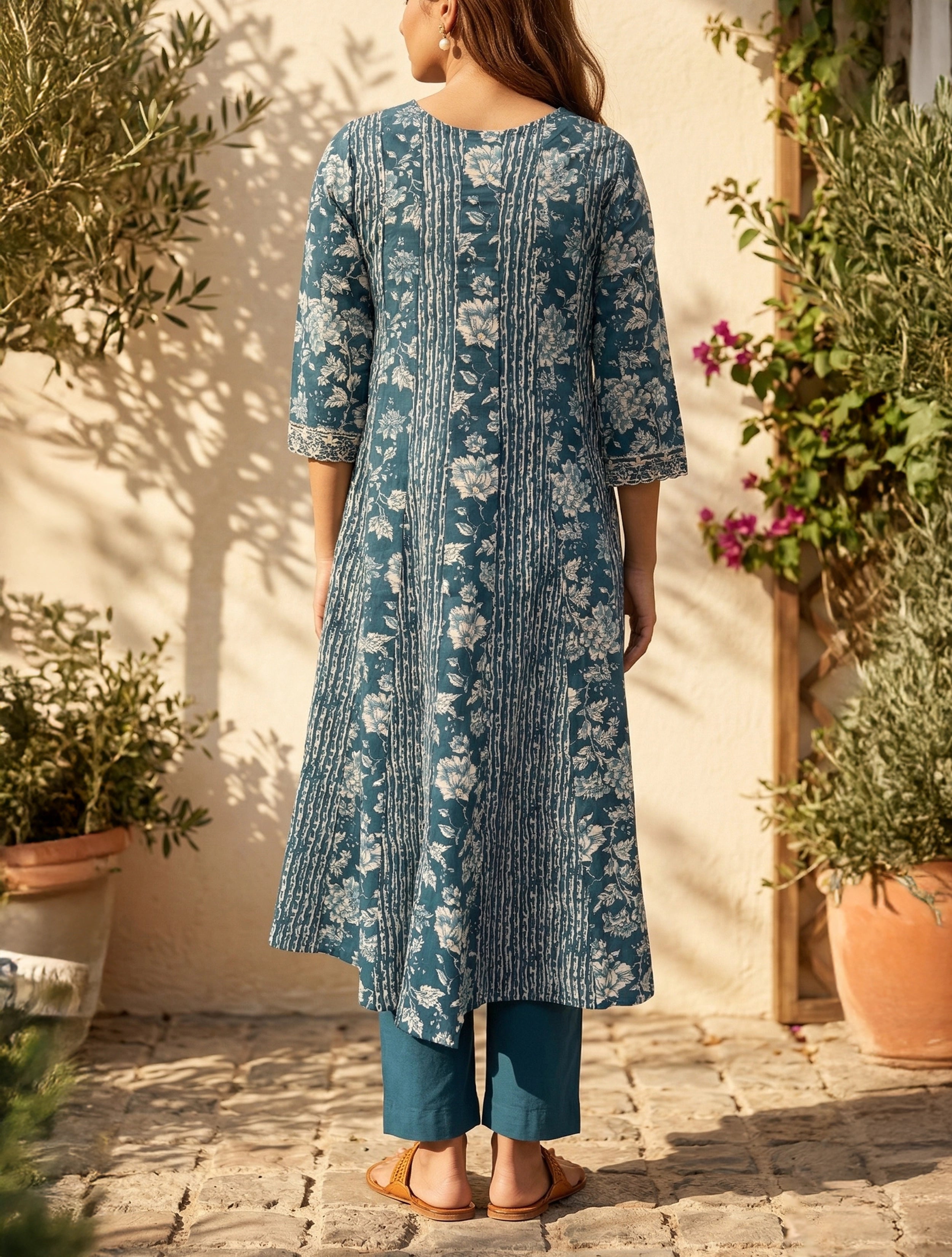 trueBrowns Blue Floral Print Embroidered Anarkali Kurta Pant Dupatta Set