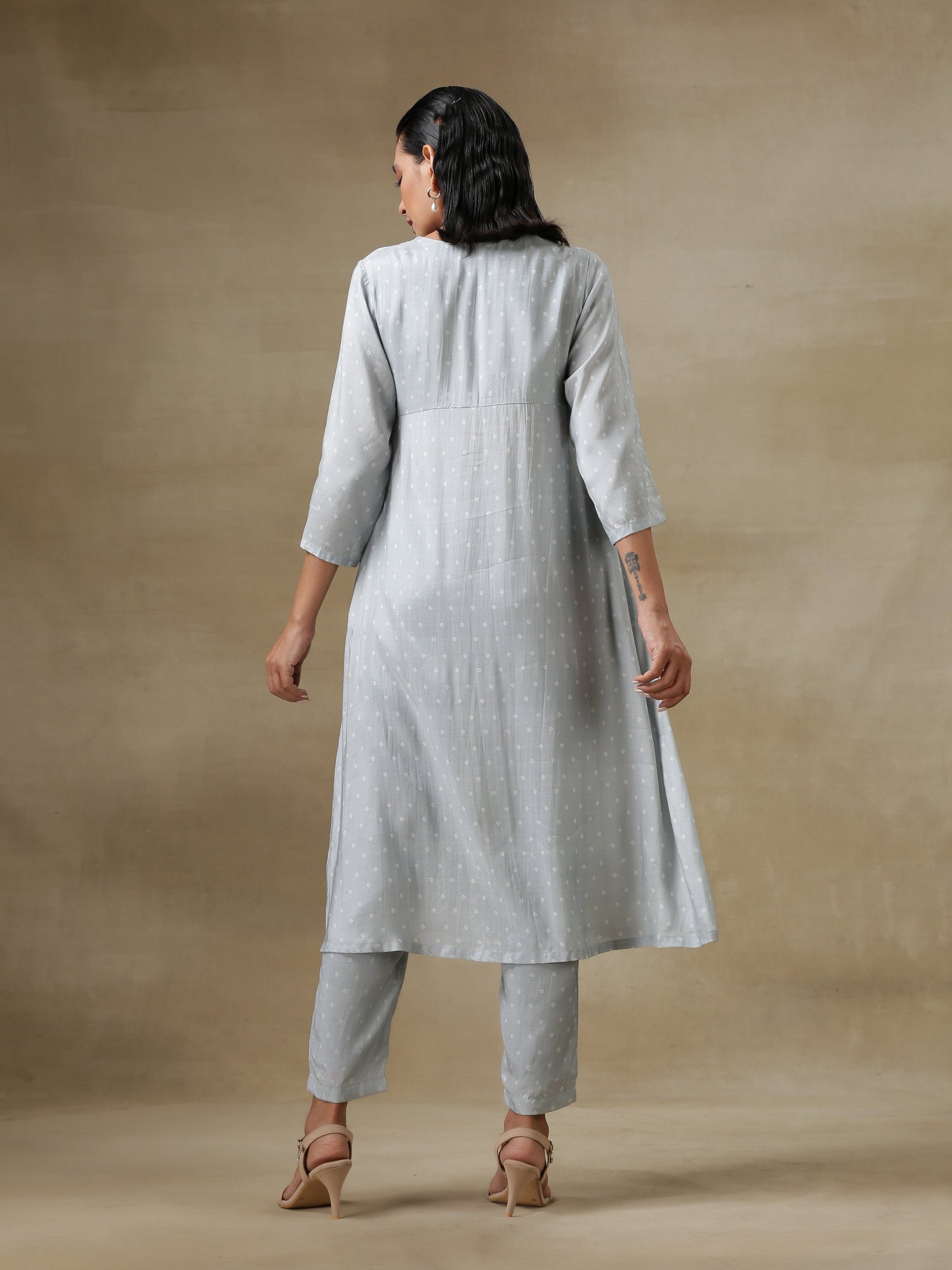 Grey Bandhani Printed Silk Yoke Kurta Pant Set