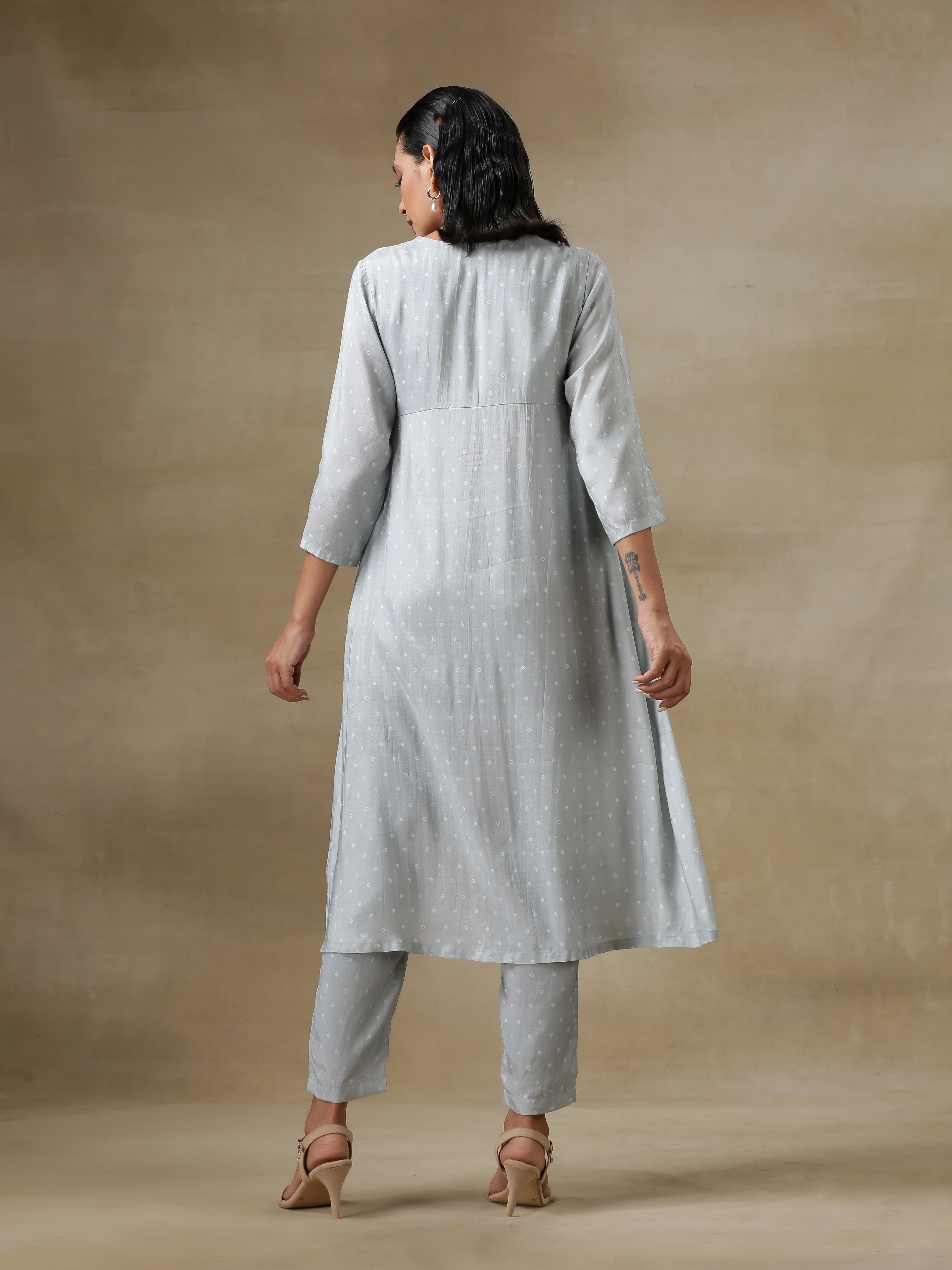 Grey Bandhani Printed Silk Yoke Kurta Pant Set