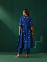 trueBrowns Royal Blue Geometric Floral Viscose Silk Kurta Pant Set