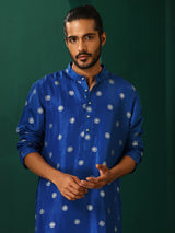 trueBrowns Men Royal Blue Geometric Floral Viscose Silk Long Kurta