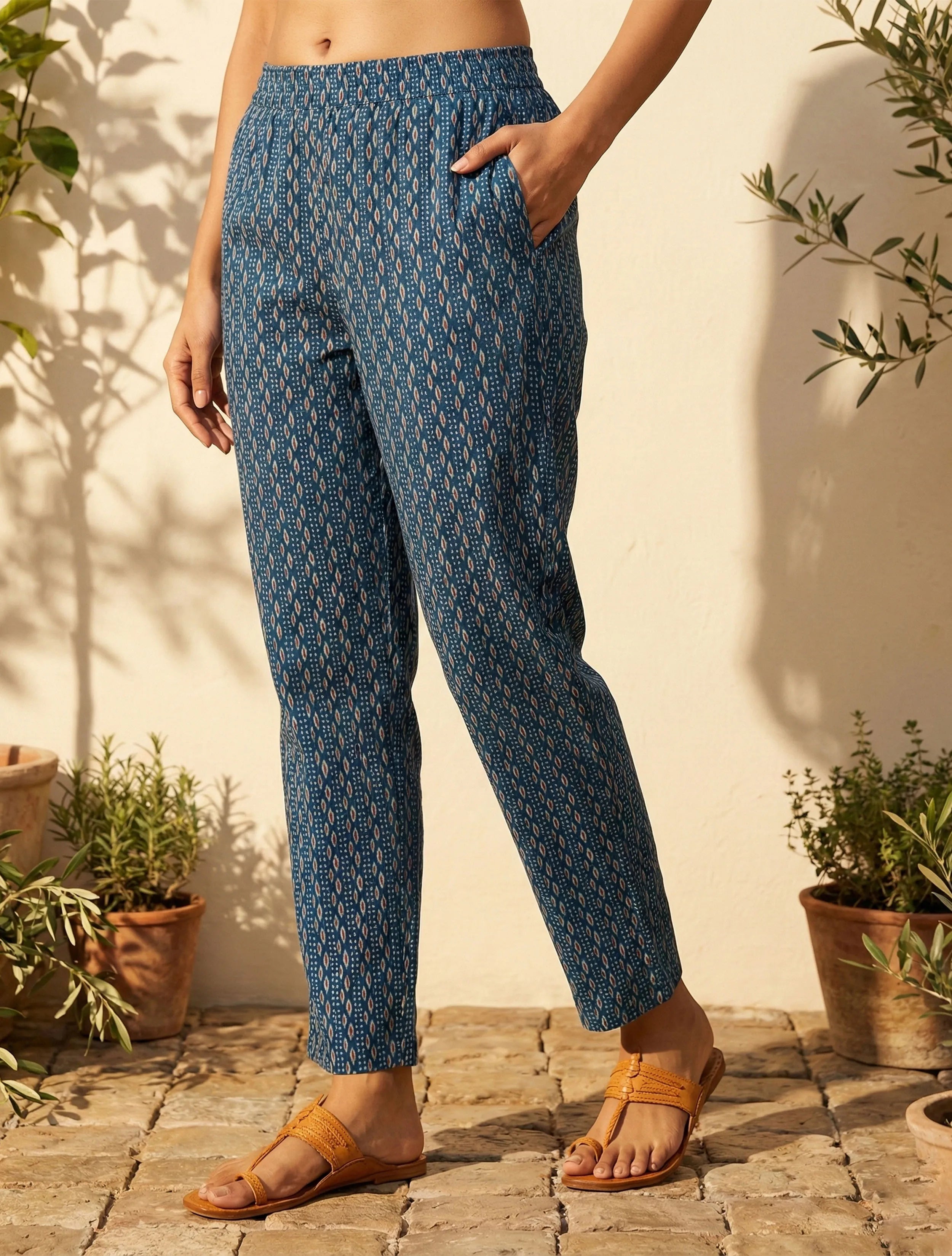 trueBrowns Blue Print Embroidered  V-Neck Kurta Pant Dupatta Set