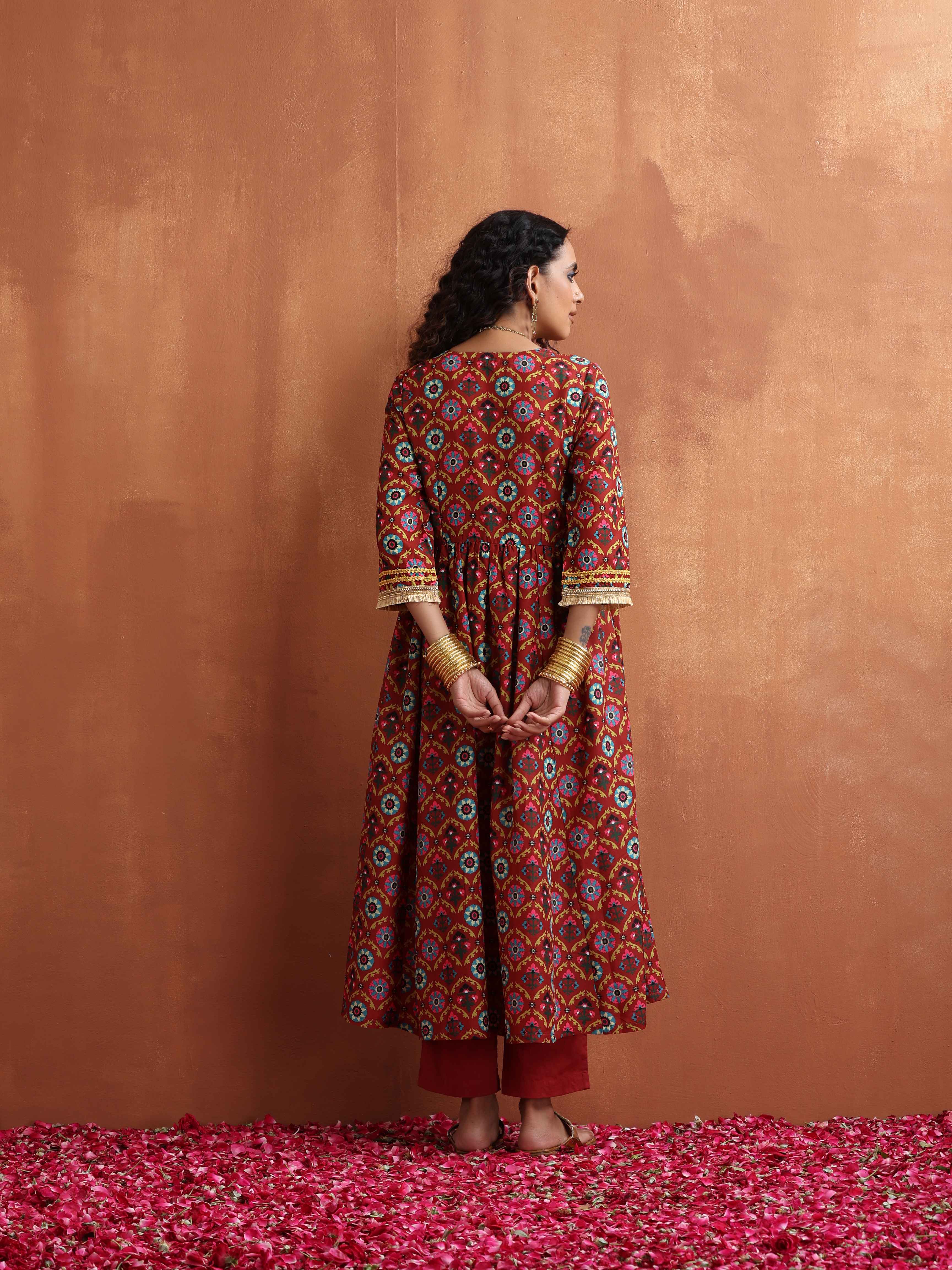 trueBrowns Maroon Print Flared Anarkali Kurta Set