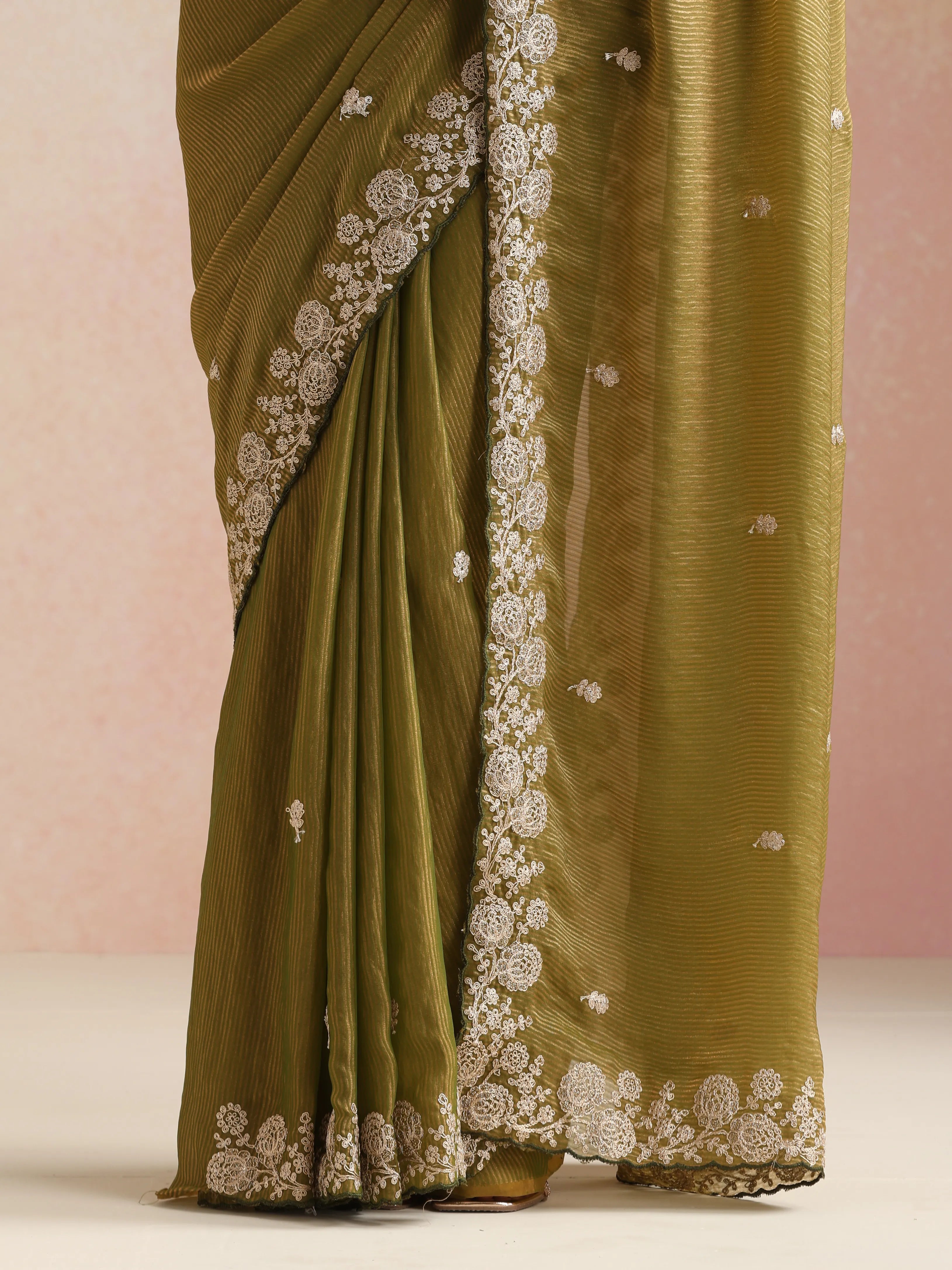 trueBrowns Lime Tissue Stripe Embroidery Weave Saree With Unstitched Blouse