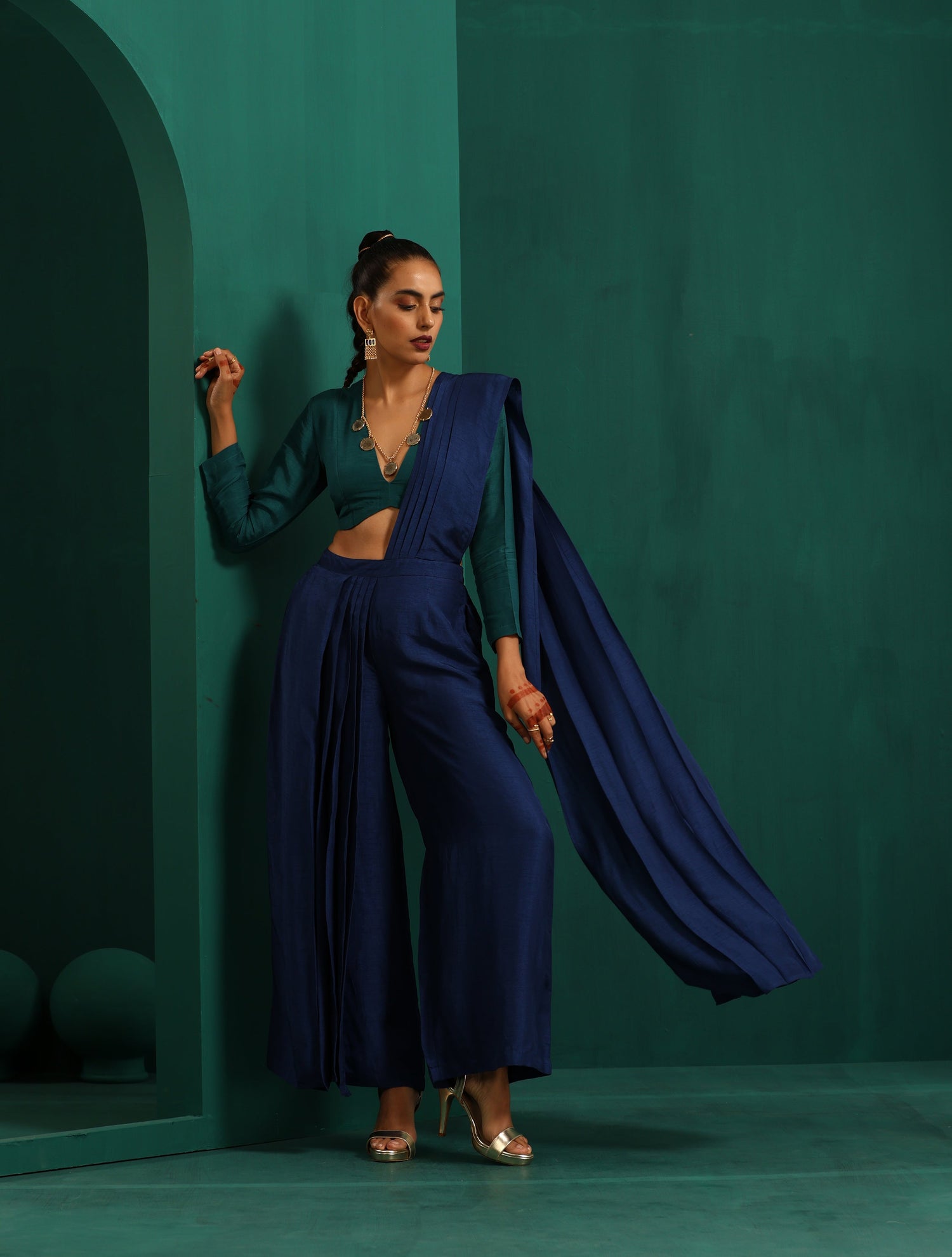 trueBrowns Blue Silk Ready To Wear Palazzo Saree