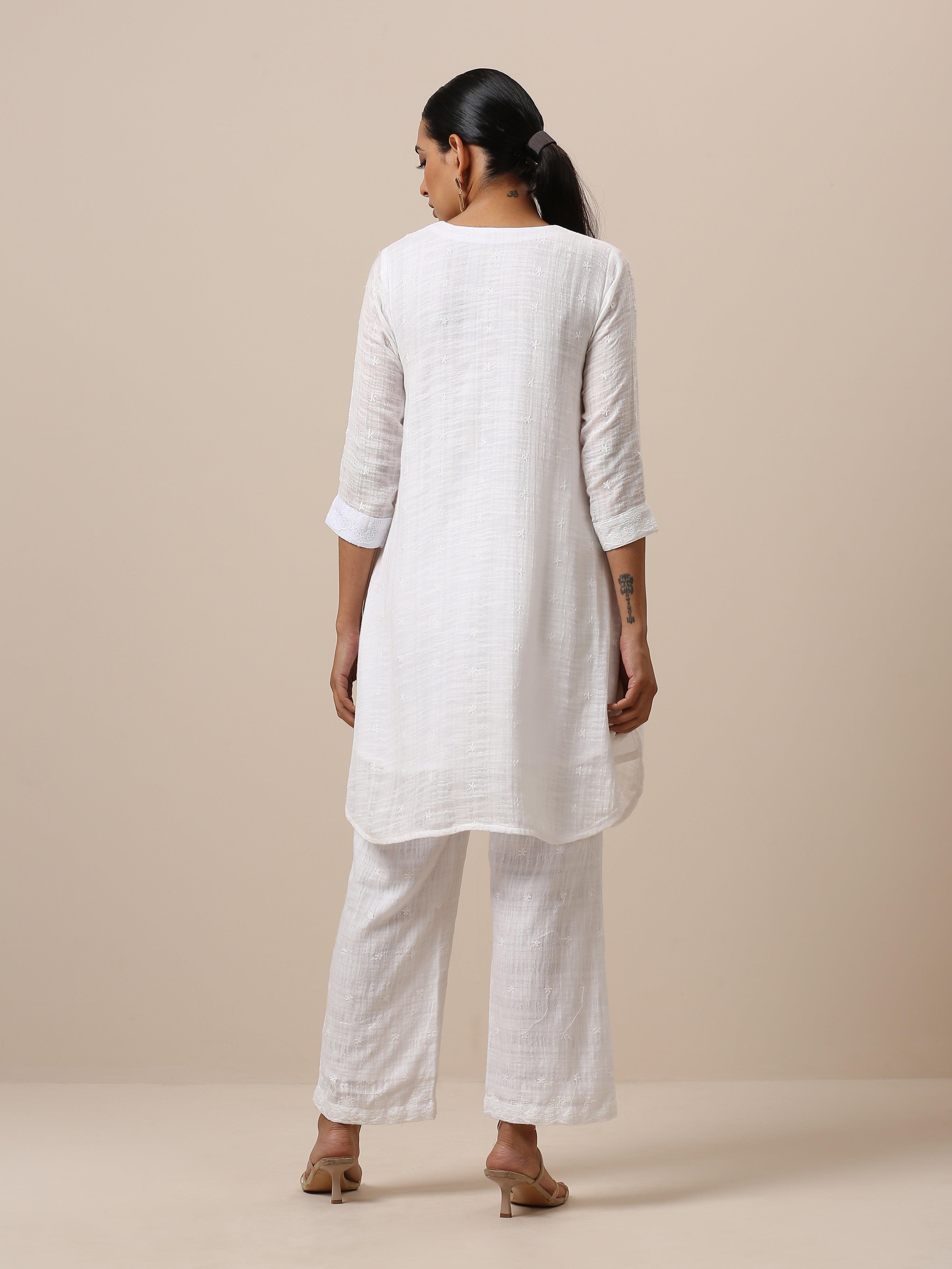 Cotton White Embroidered Short Co-Ord Set - trueBrowns