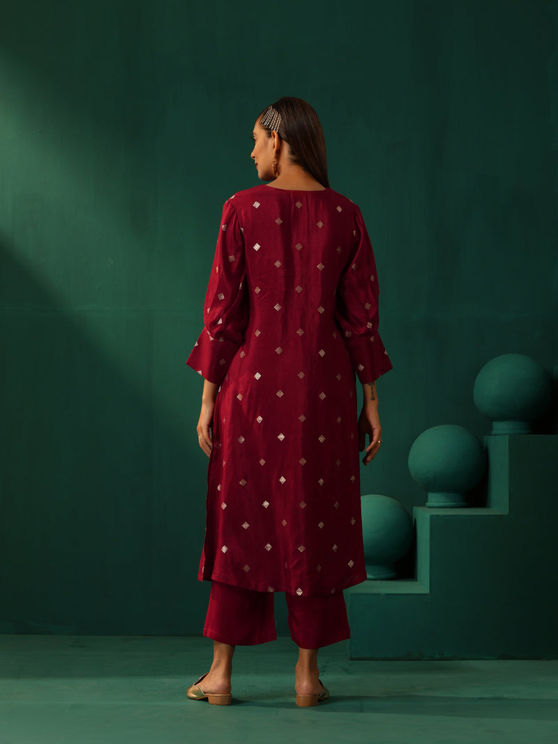 trueBrowns Maroon Diamond Viscose Silk Kurta Pant Set