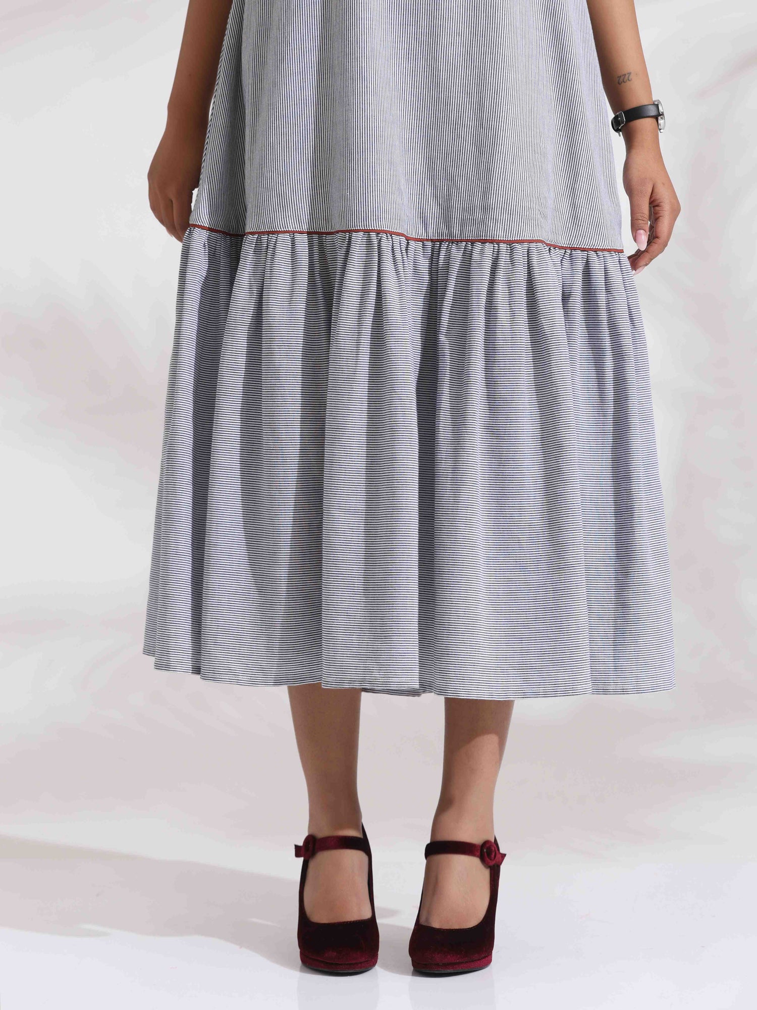 trueBrown Grey Cotton Stripe Tier Dress