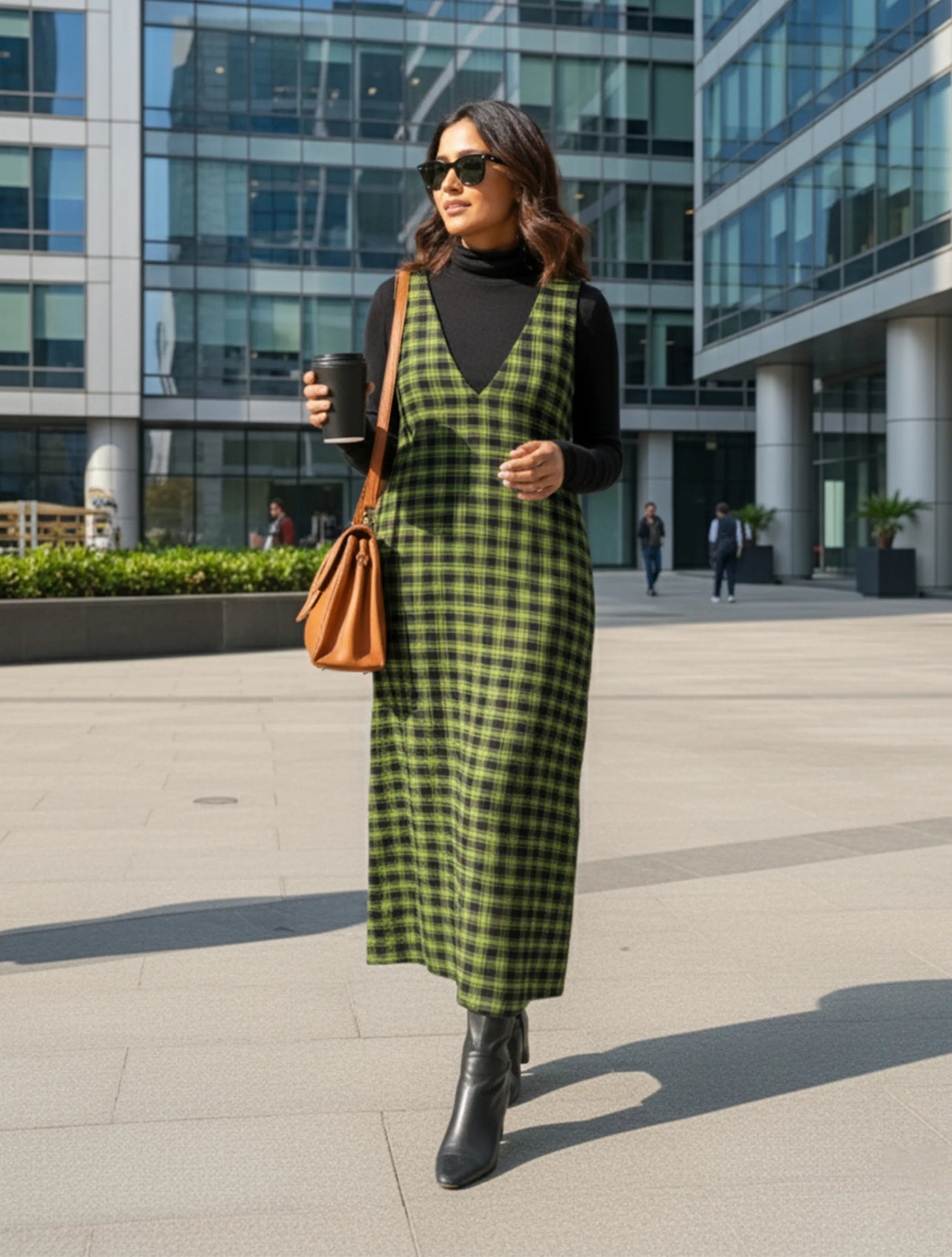 trueBrowns Green Black Sleeveless Check Dress