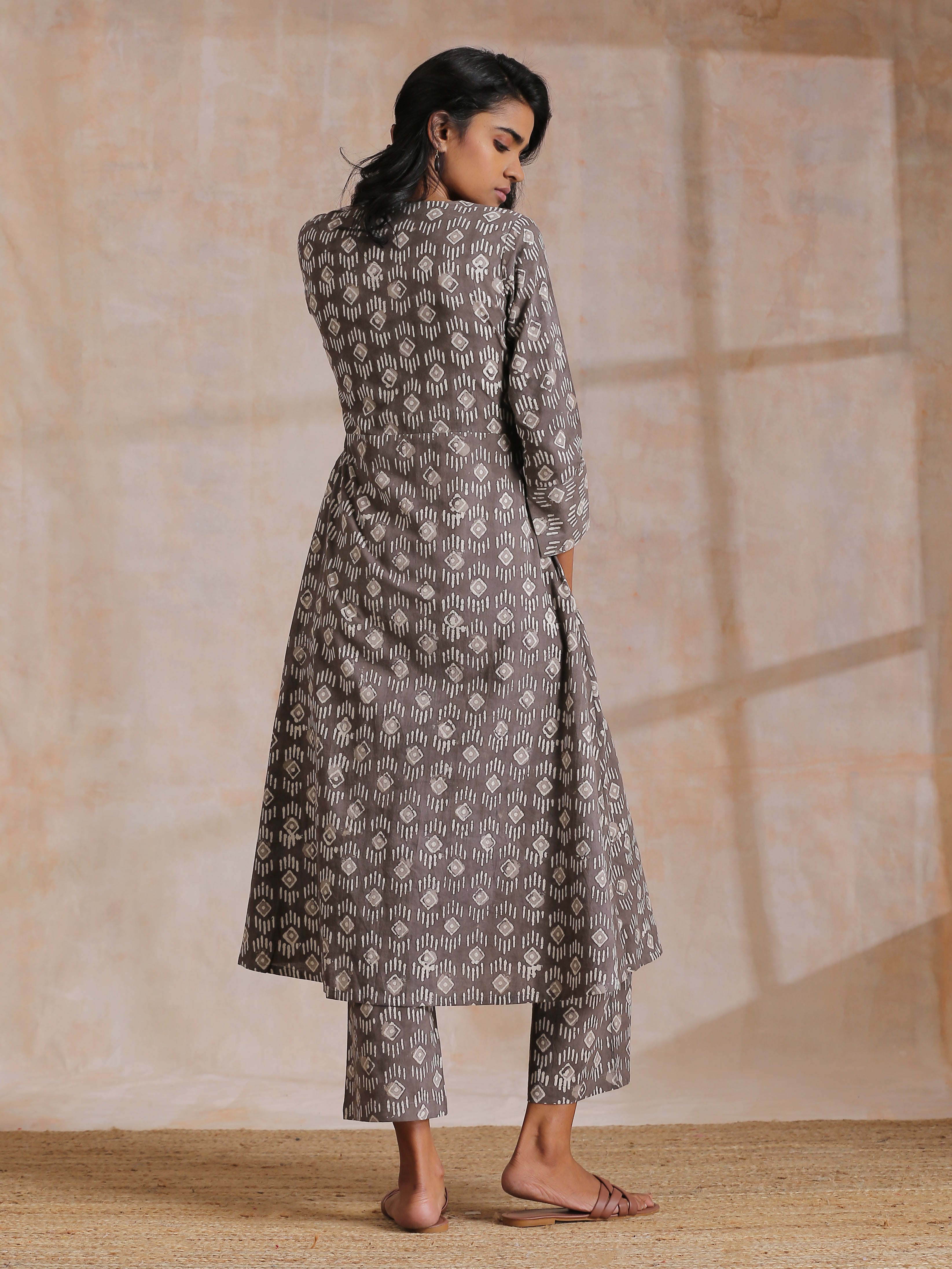 Clay Dabu Geometric Print  Cotton Angrakha Kurta Pant Set