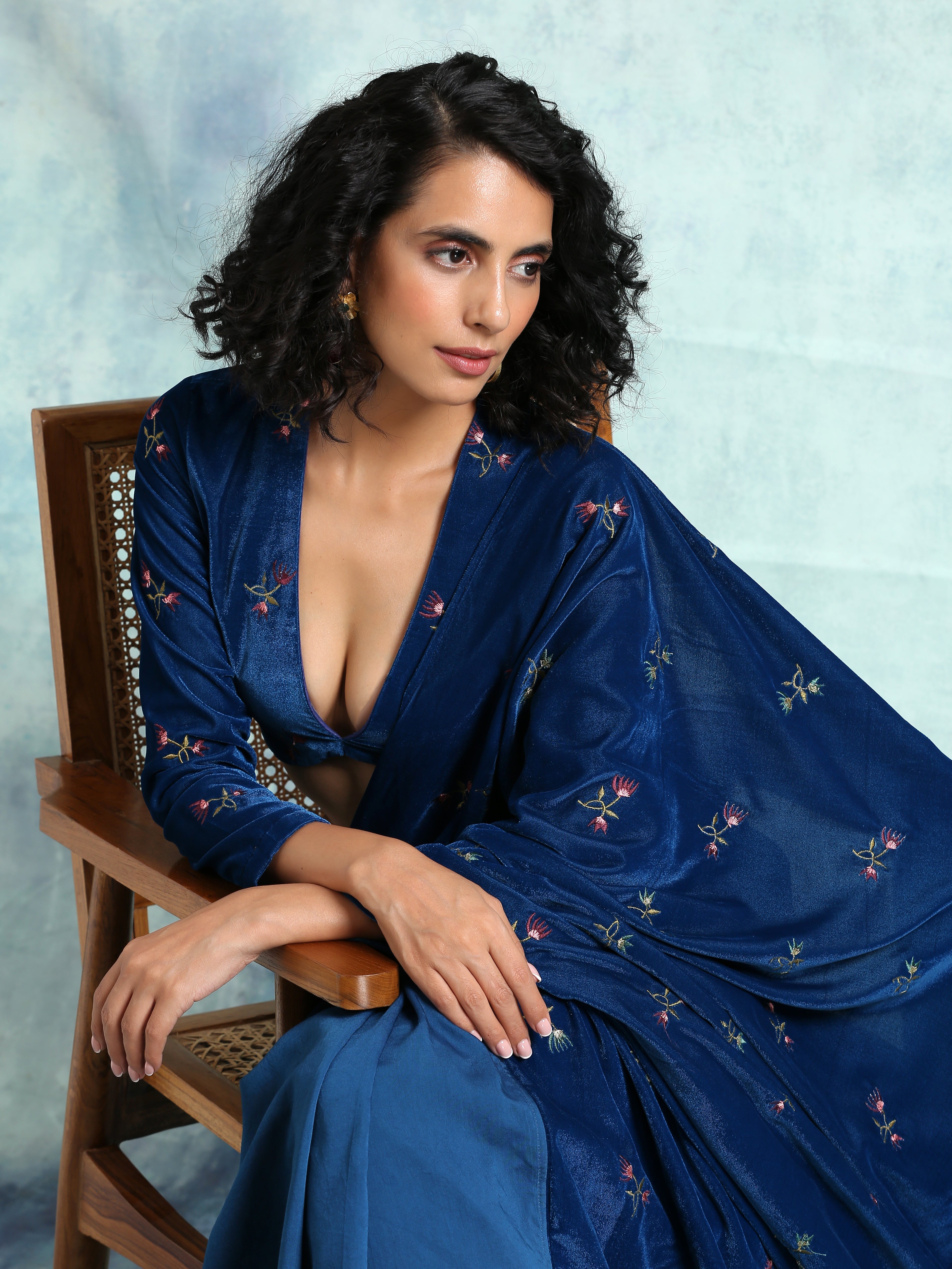 Blue Embroidered Velvet Pre-Stitched Saree