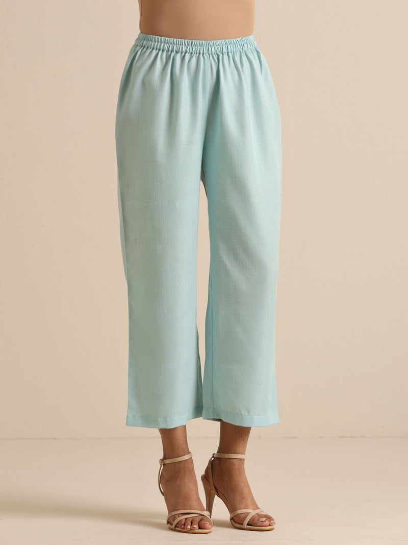 Sky Blue Slub Sleeveless Flared Kurta Pant Set