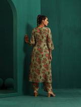 trueBrowns Green Floral Muslin Silk Printed Kurta Pant Set