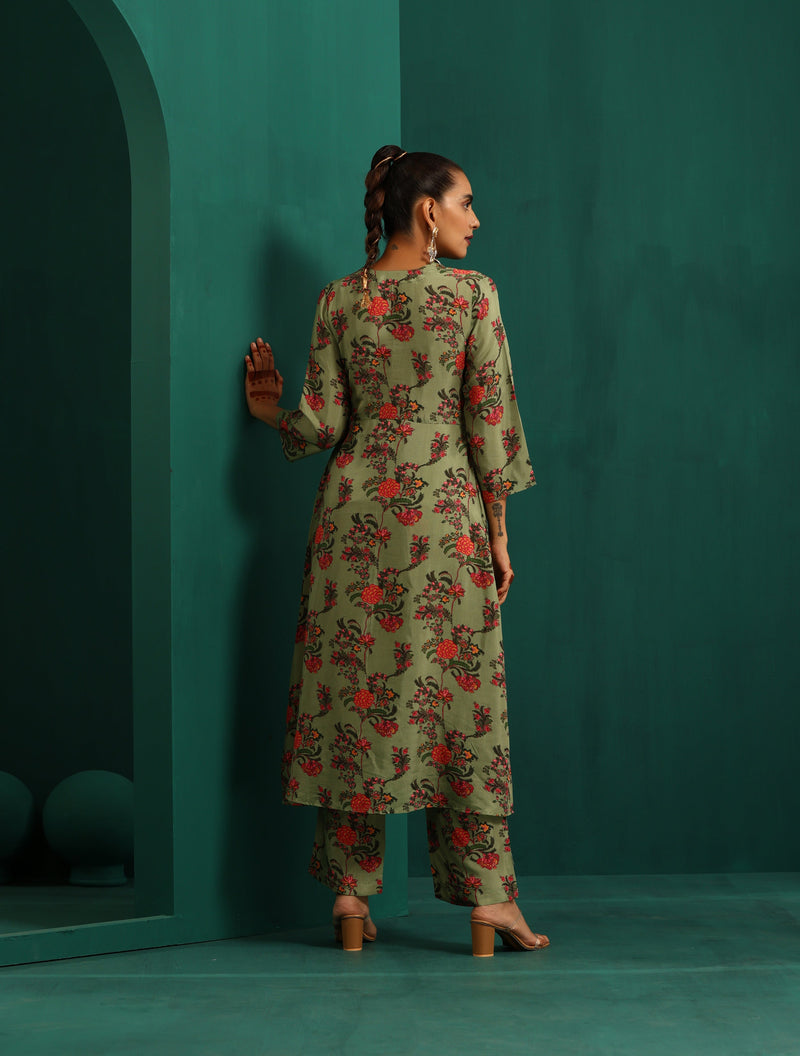 trueBrowns Green Floral Muslin Silk Printed Kurta Pant Set