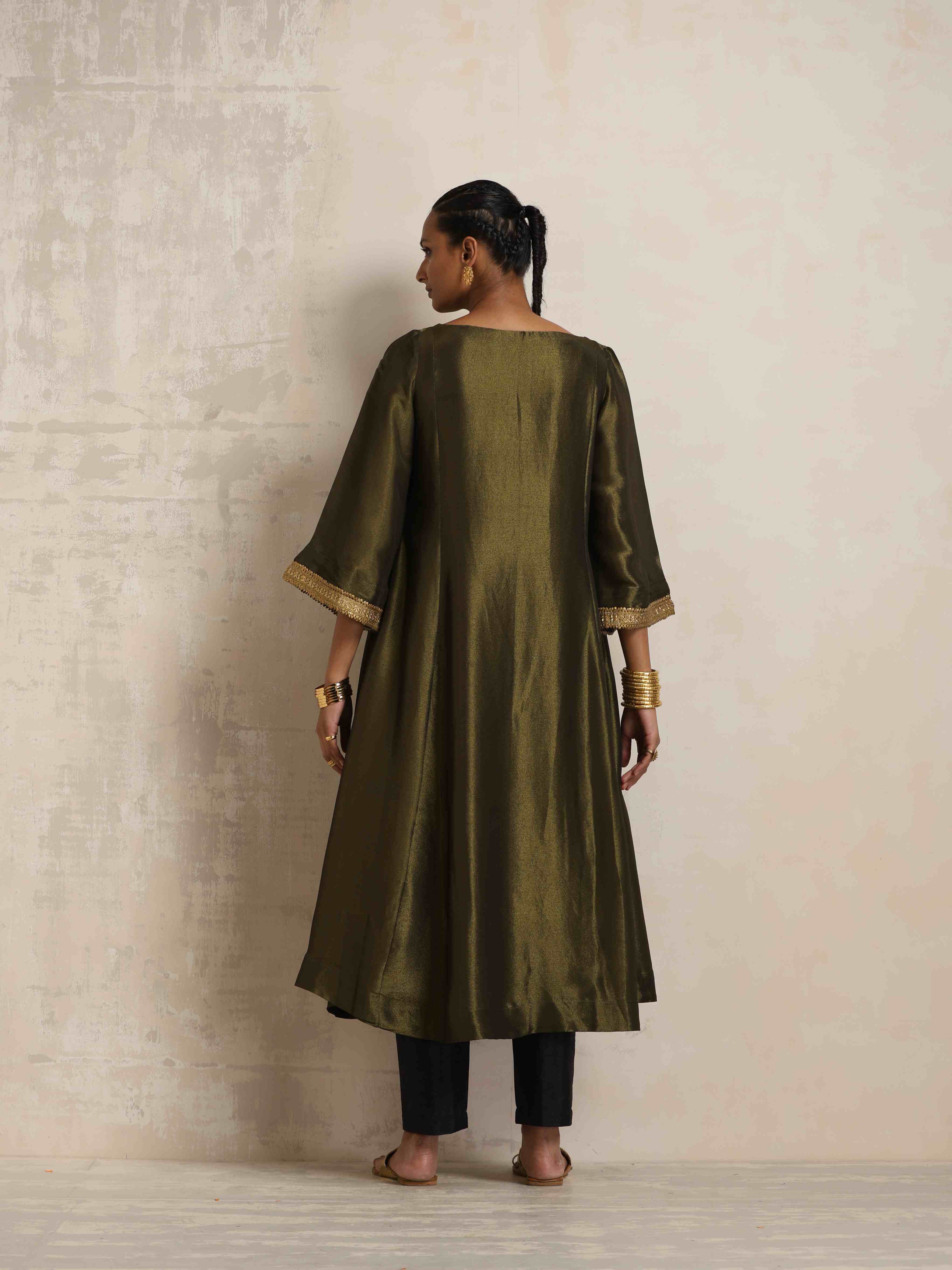 trueBrowns Olive Green Tissue Flared Anarkali Kurta Set