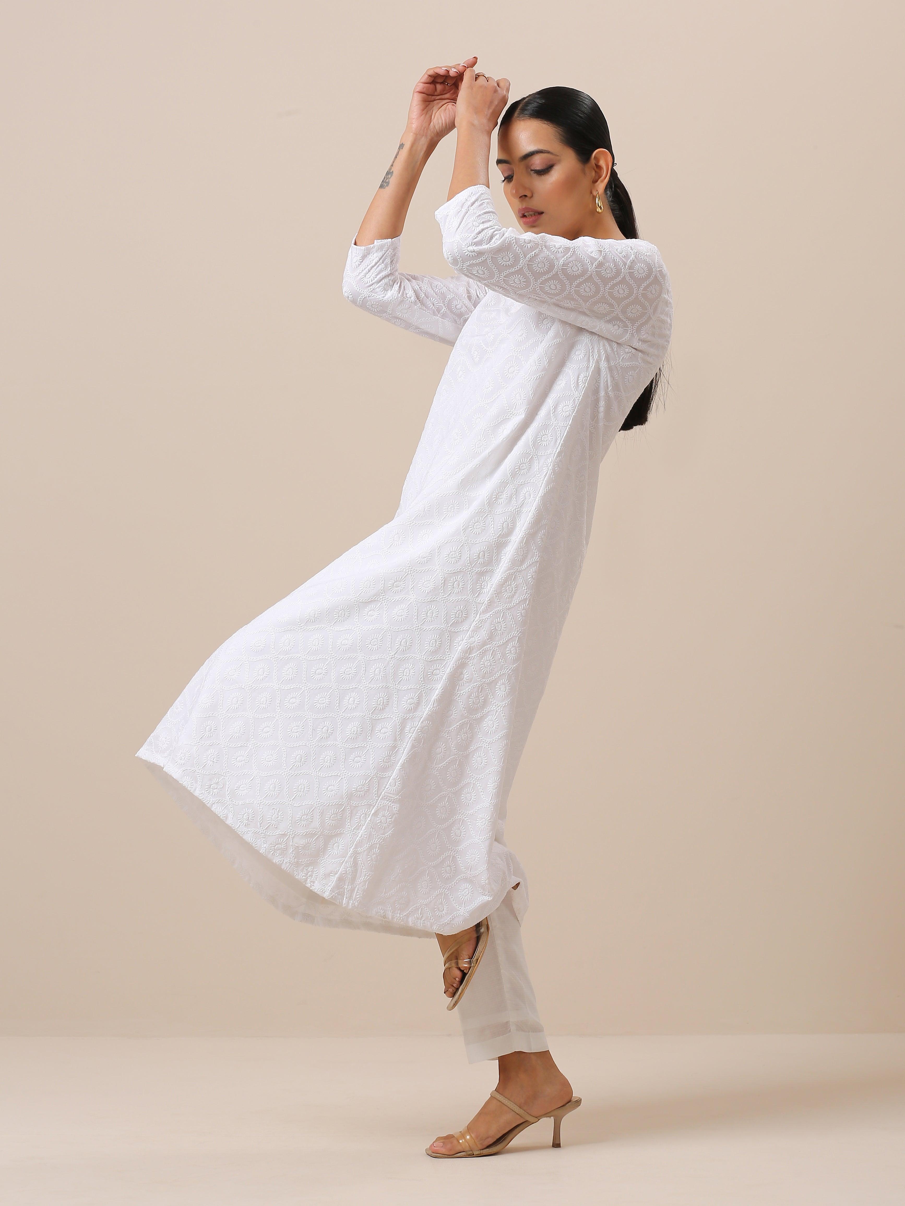 Cotton White Embroidered Flared Kurta Pant Set - trueBrowns
