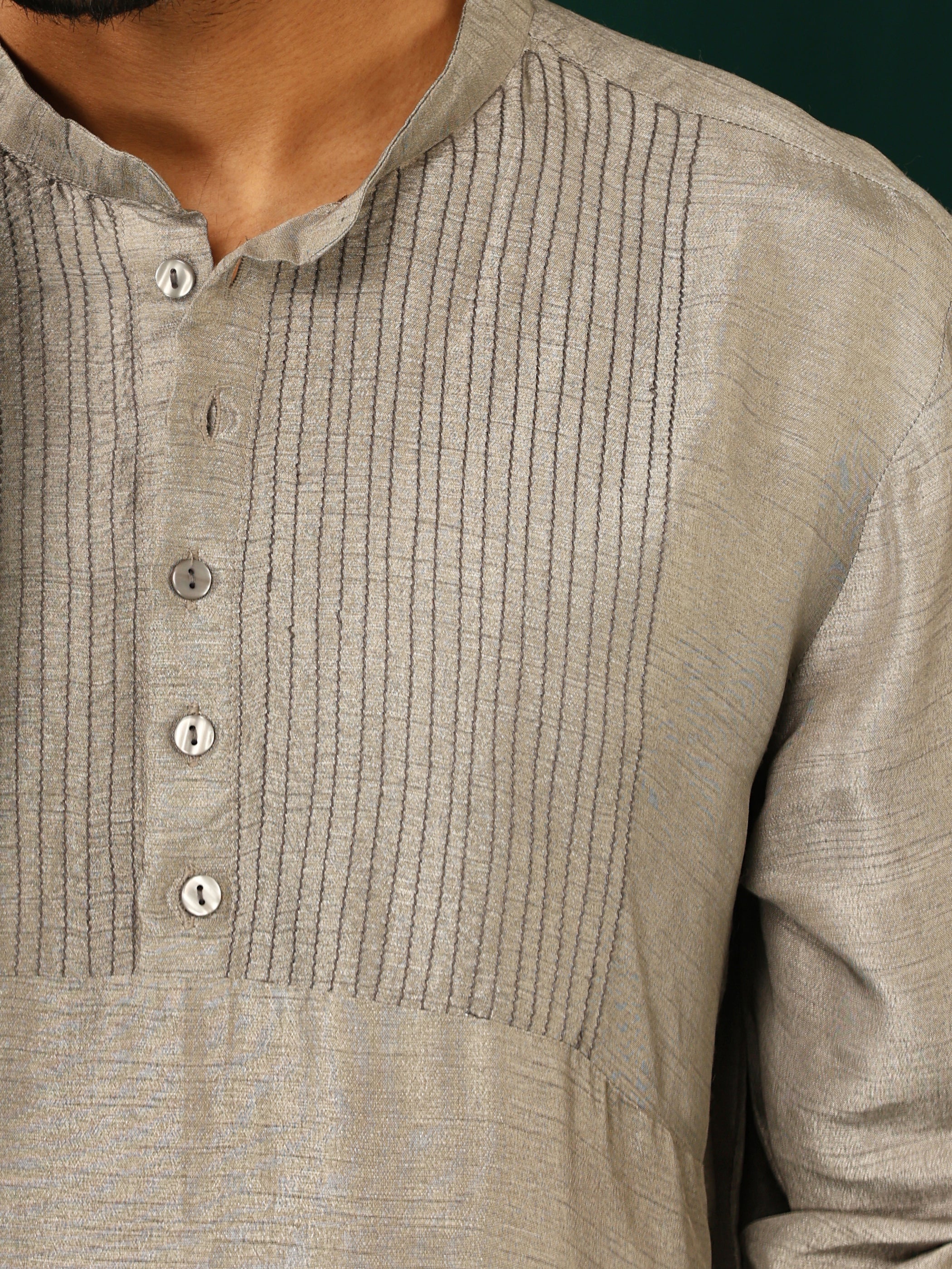 trueBrowns Men Grey Silk Co-ord Set Yoke Detail