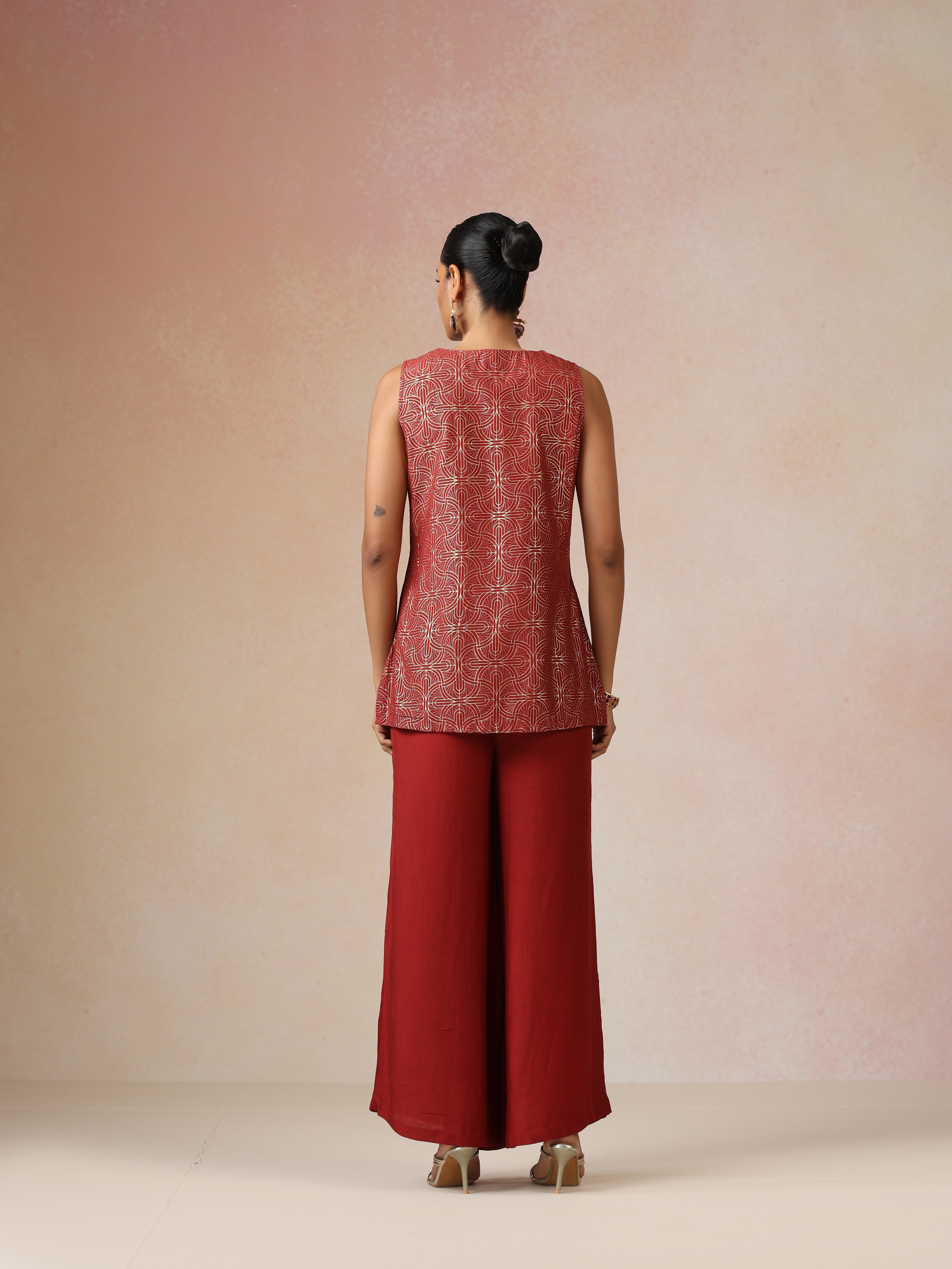 trueBrowns Red Gold Foil Print Jacket and Flared Pants Co-ord Set