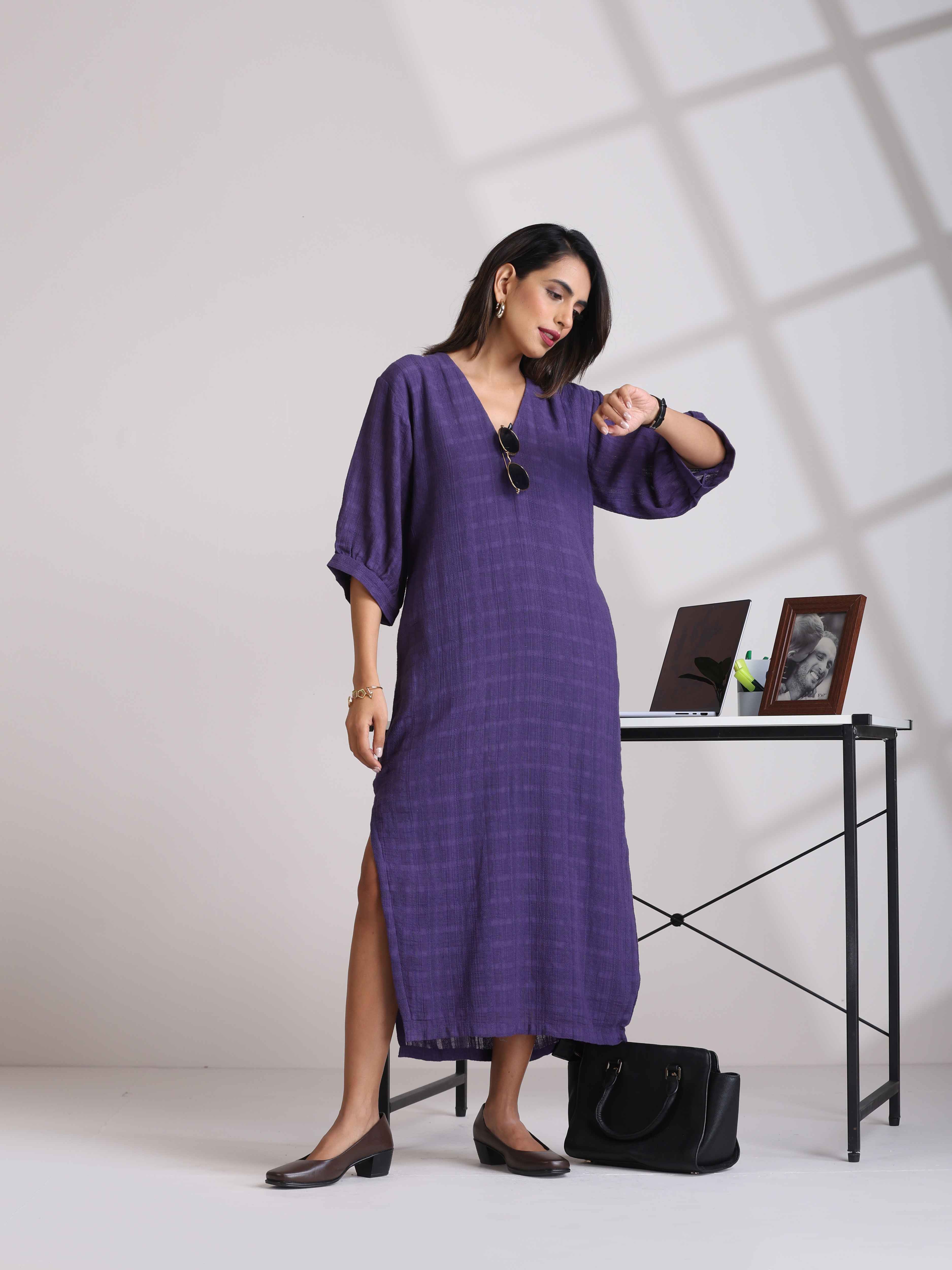 trueBrowns Purple Cotton Dobby Slit Dress