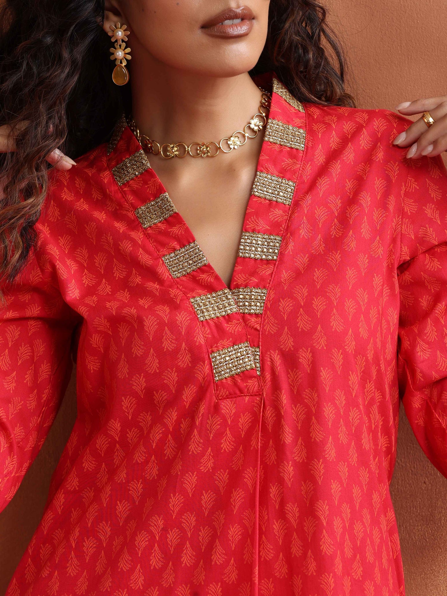Truebrowns red print a line kurta set