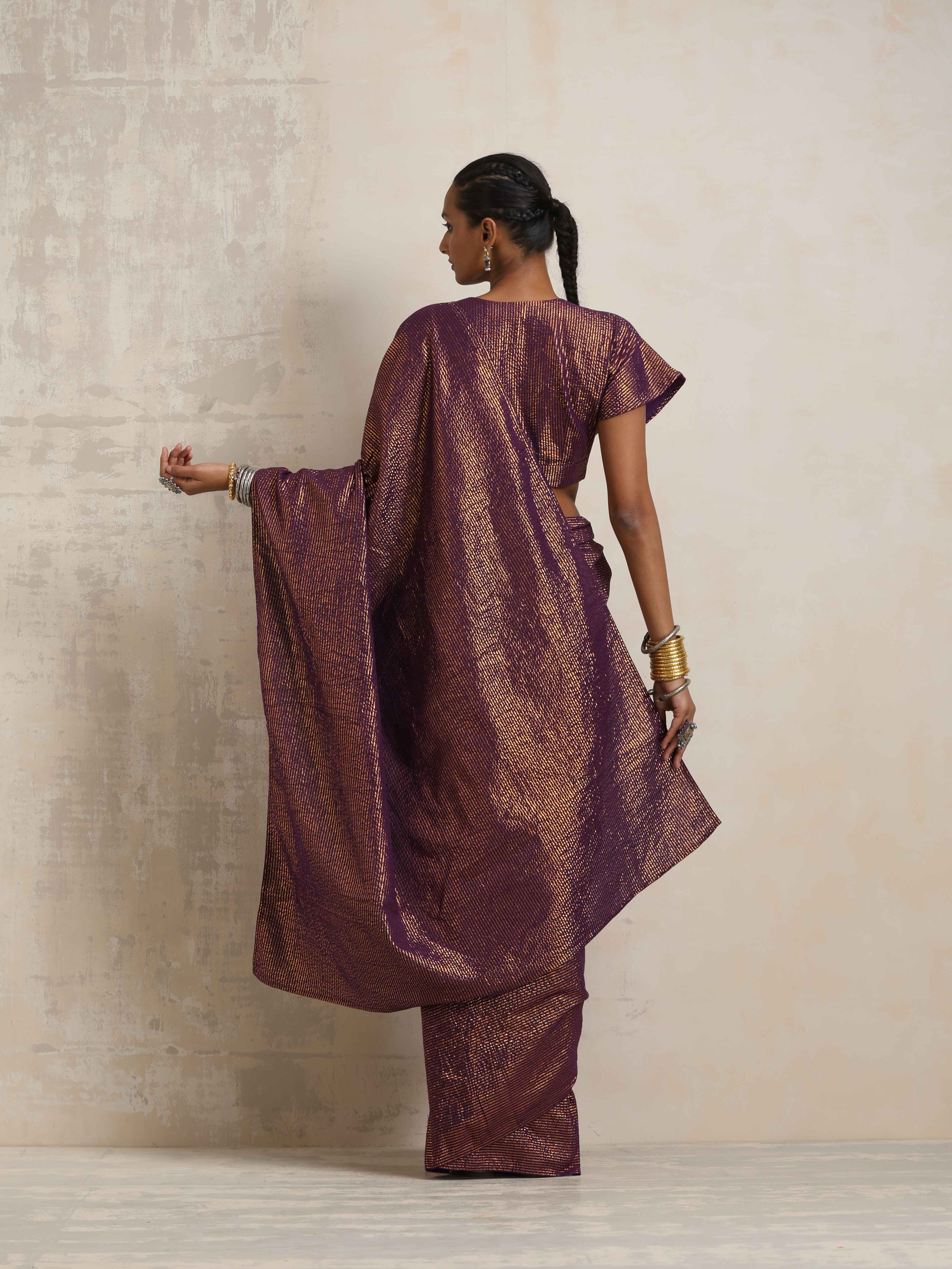 trueBrowns Purple Gold Lurex Ready To Wear Saree