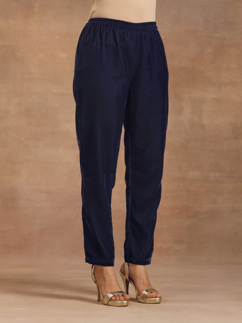 trueBrowns Midnight Blue Velvet Solid Co-ord Set