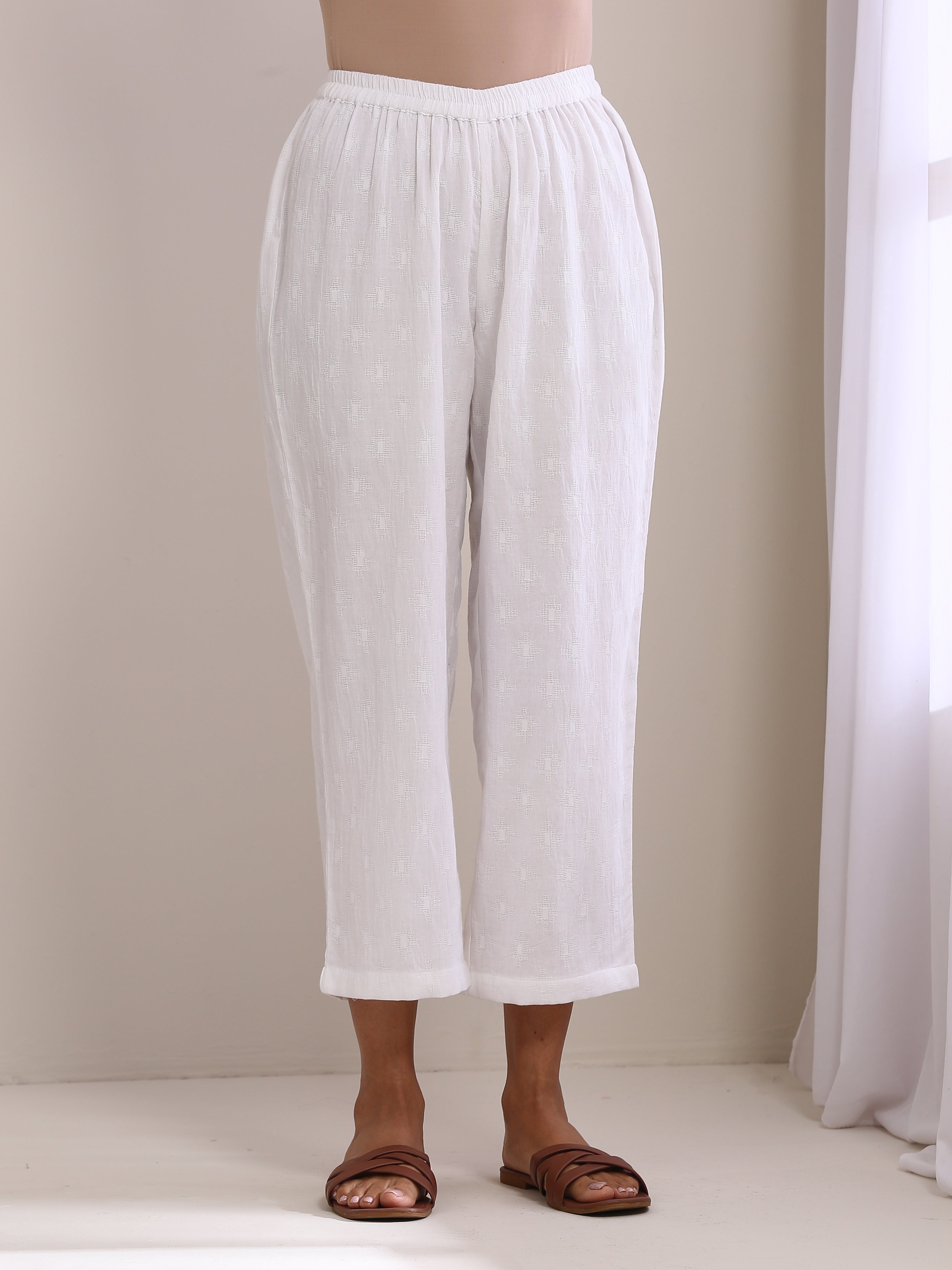 White Dobby High Slit Gathered Kurta Set