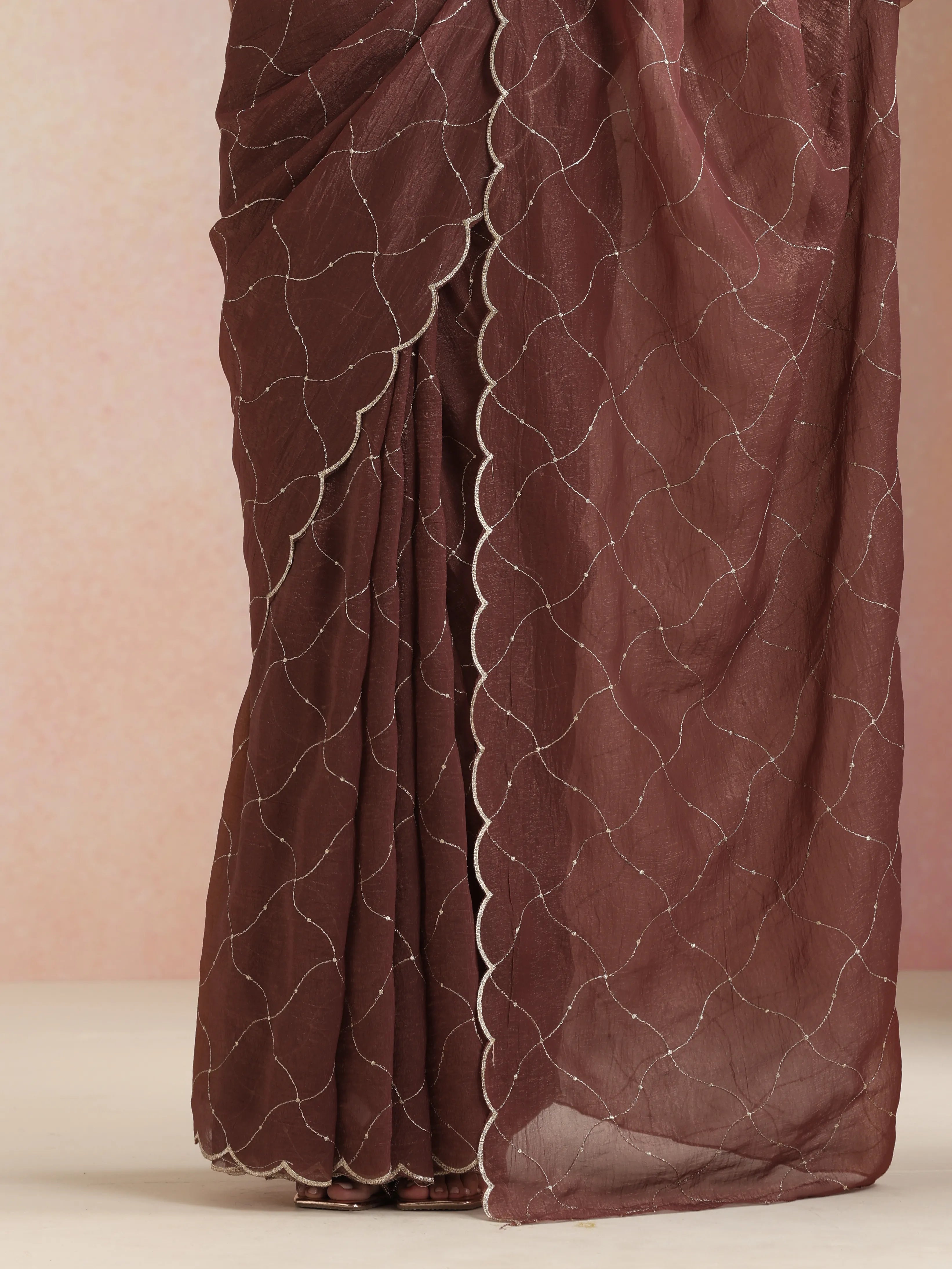 trueBrowns Copper Zari Jaal Embroidered Saree With Unstitched Blouse