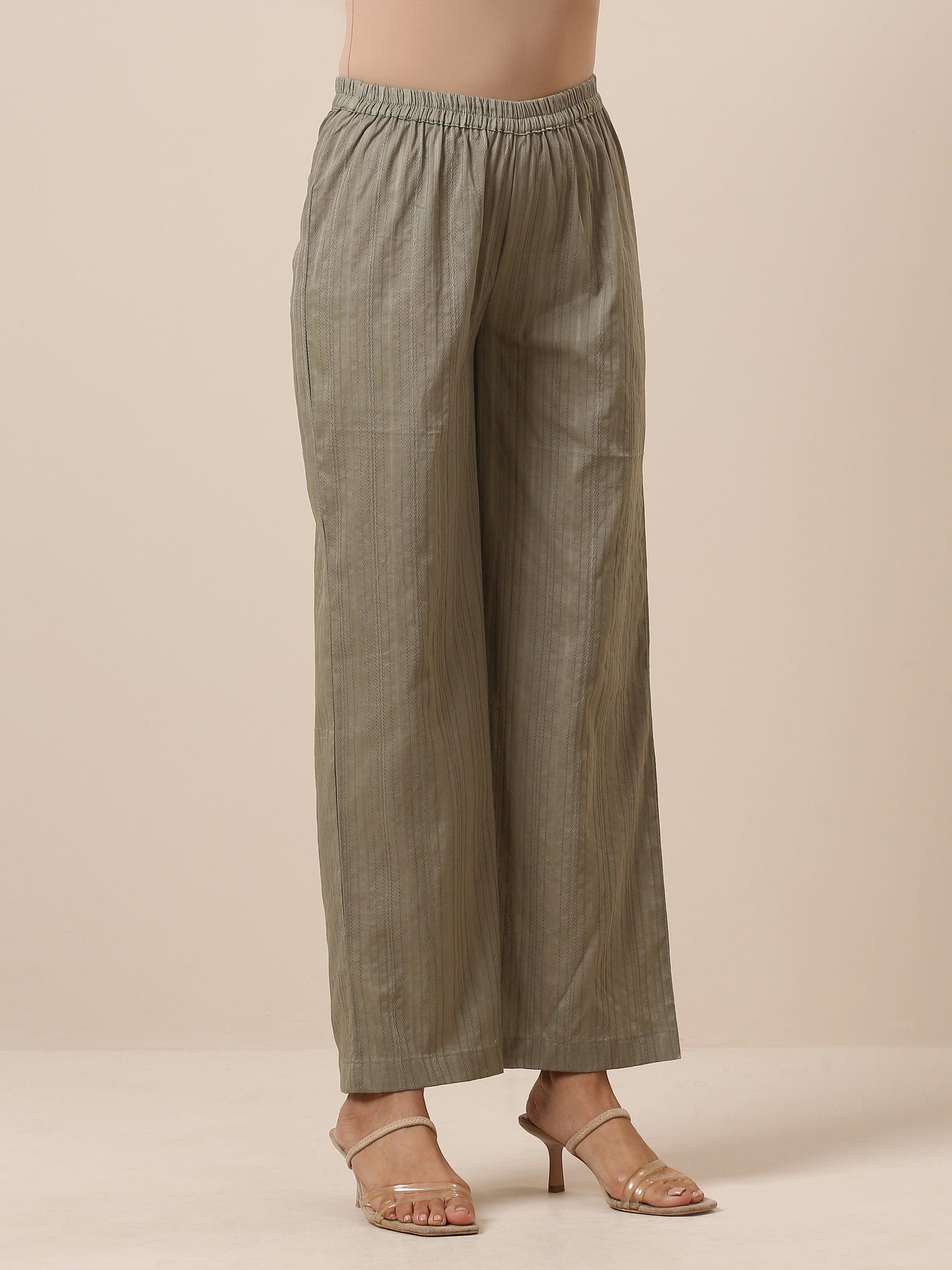 Cotton Olive Green Flared Slit Kurta Pant Set - trueBrowns