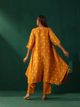 trueBrowns Mustard Geometric Viscose Silk Kurta Pant Set