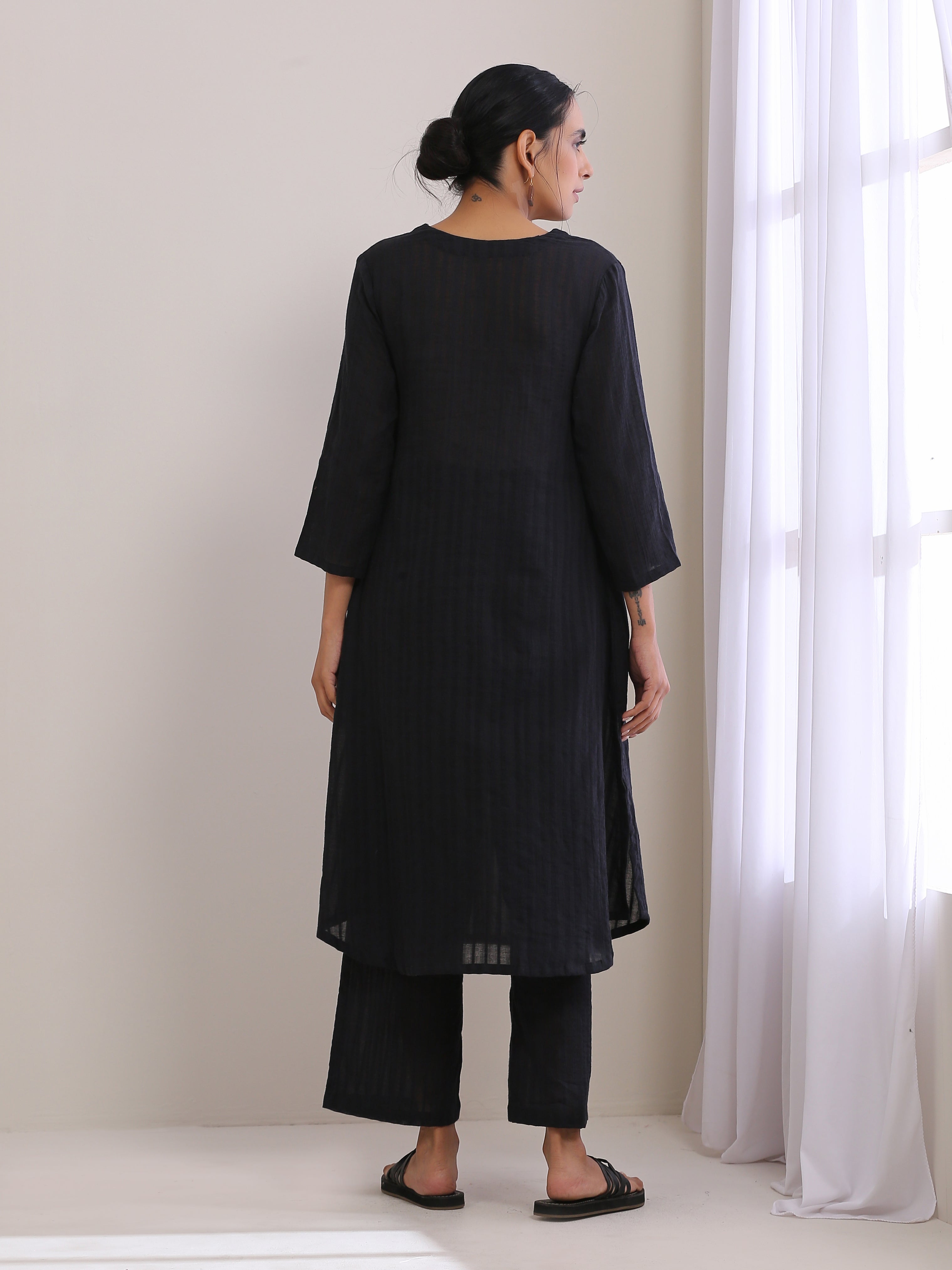 Black Dobby Flared Slit Kurta Pant Set