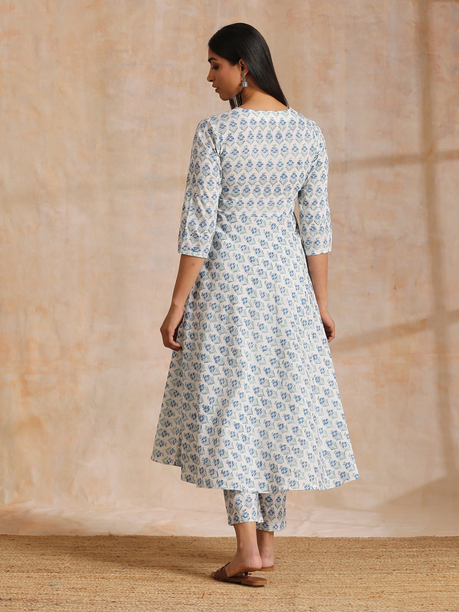 White With Blue Green Buta Print Cotton Flared Kurta Pant Set