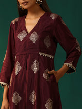 trueBrowns Wine Geometric Viscose Silk Kurta Pant Set