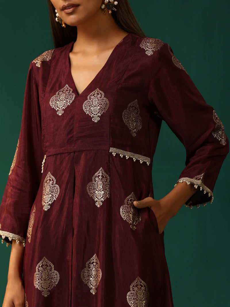 trueBrowns Wine Geometric Viscose Silk Kurta Pant Set