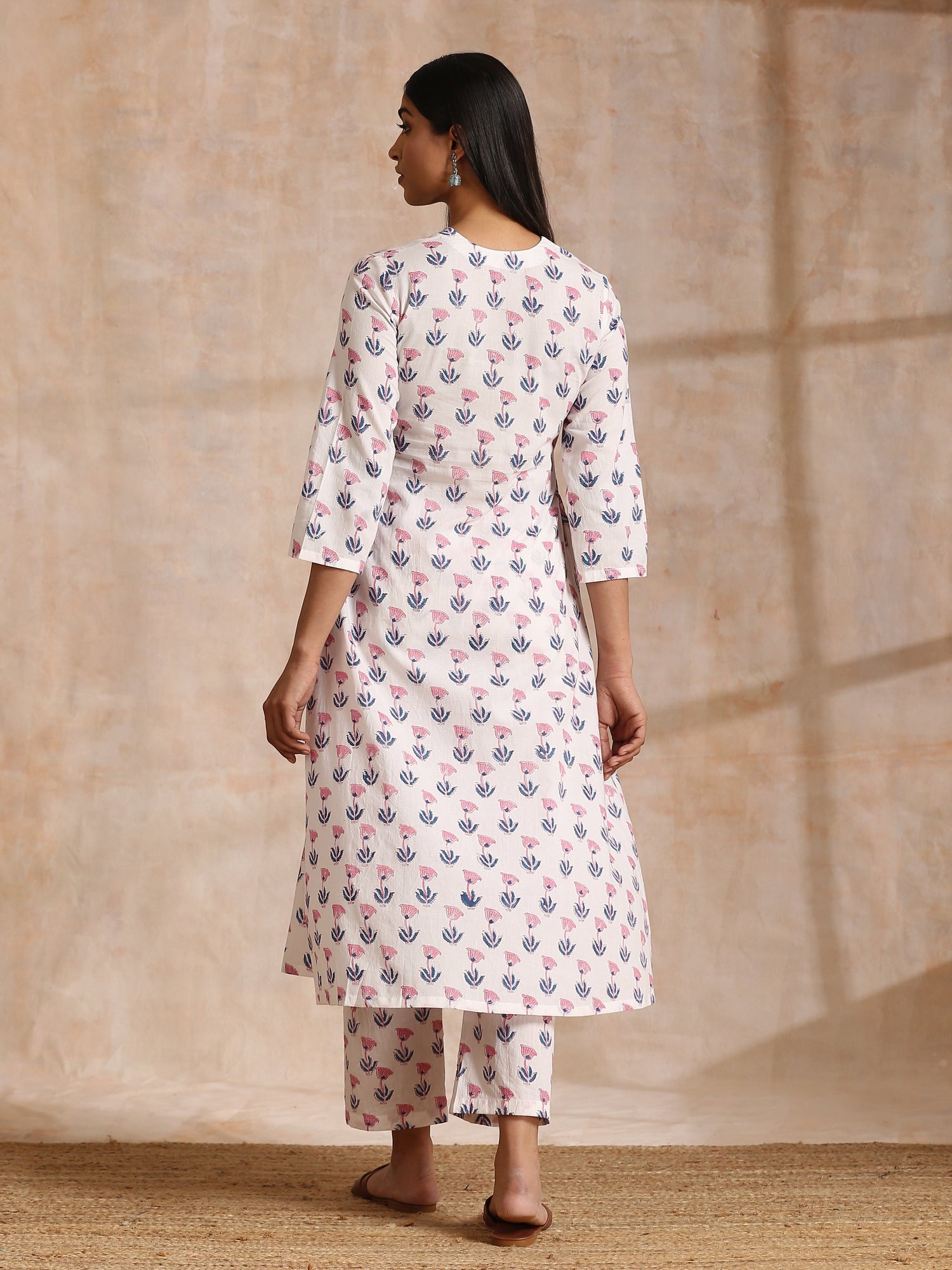 White With Pink Blue Buta Block Print Cotton Kurta Pant Set