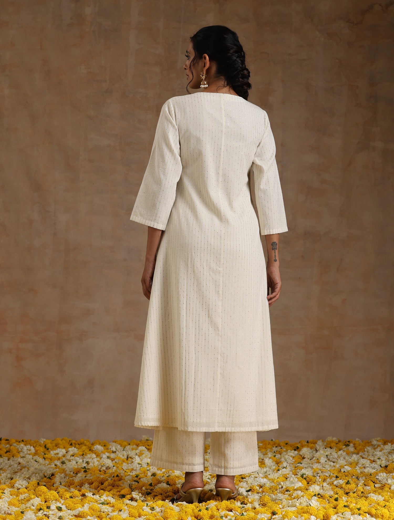 Ivory Gold Cotton Angrakha Kurta Set